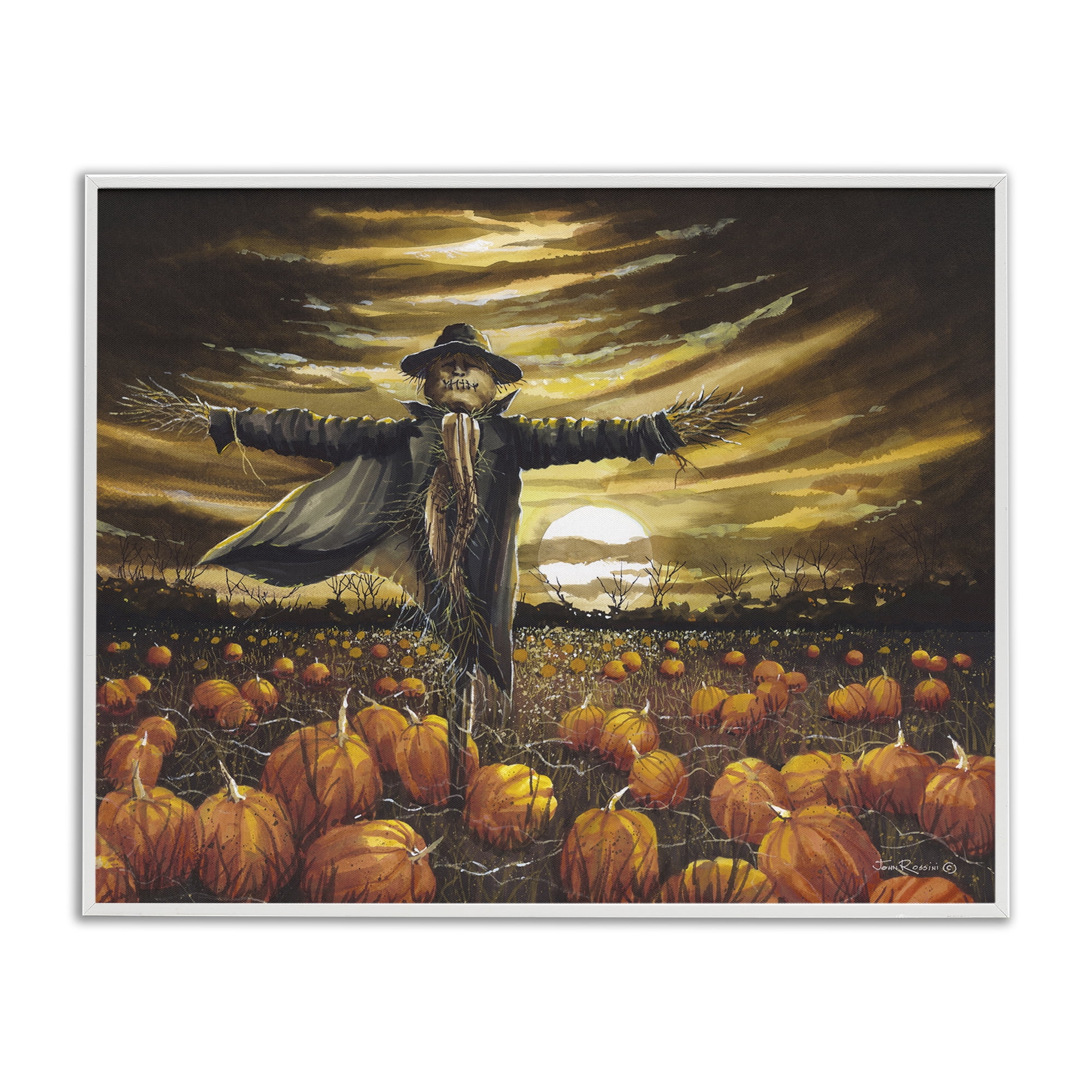 Stupell Industries Scarecrow in Pumpkin Field Holiday Painting White Framed Art Print Wall Art, 20 x 16
