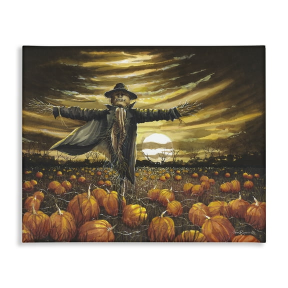 Stupell Industries Scarecrow in Pumpkin Field Holiday Painting Wrapped Canvas Art Print Wall Art, 20 x 16