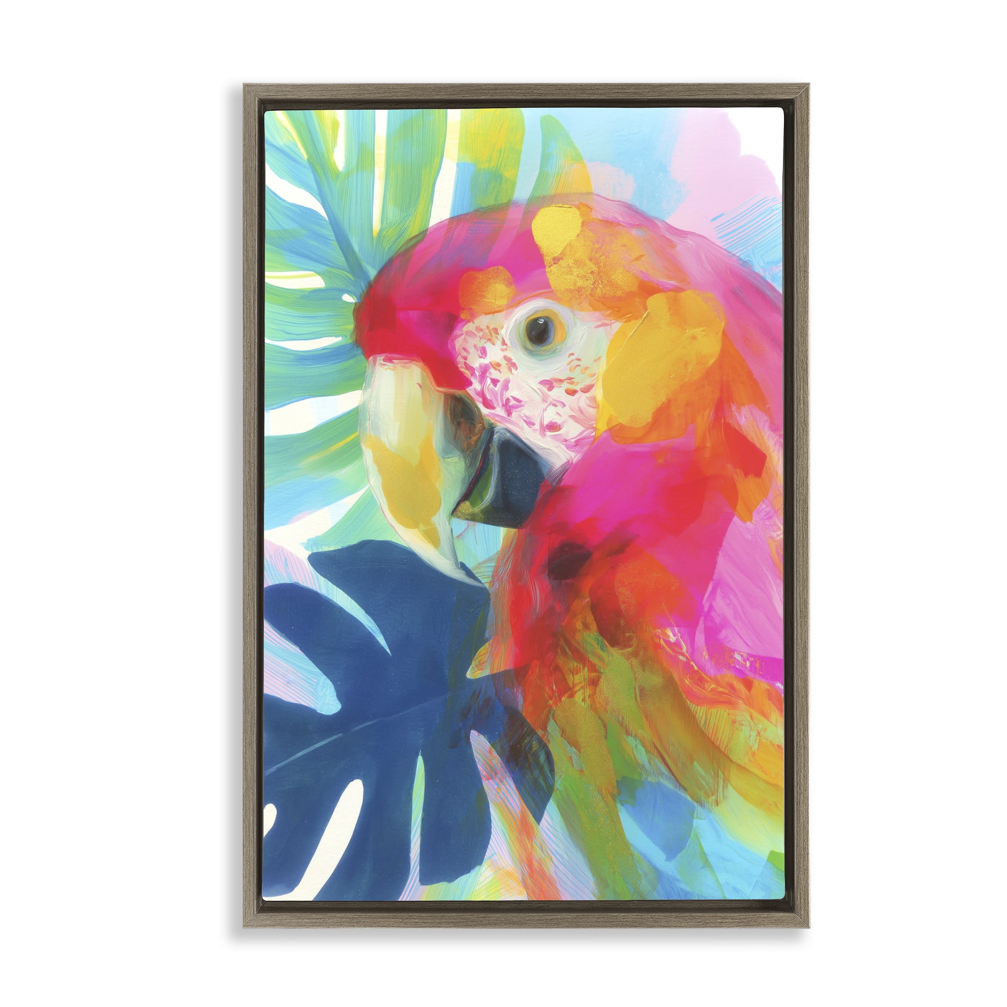Stupell Industries Scarlet Macaw in Paradise Brown Framed Floater Canvas Wall Art, design by Chromatic Storm Studio