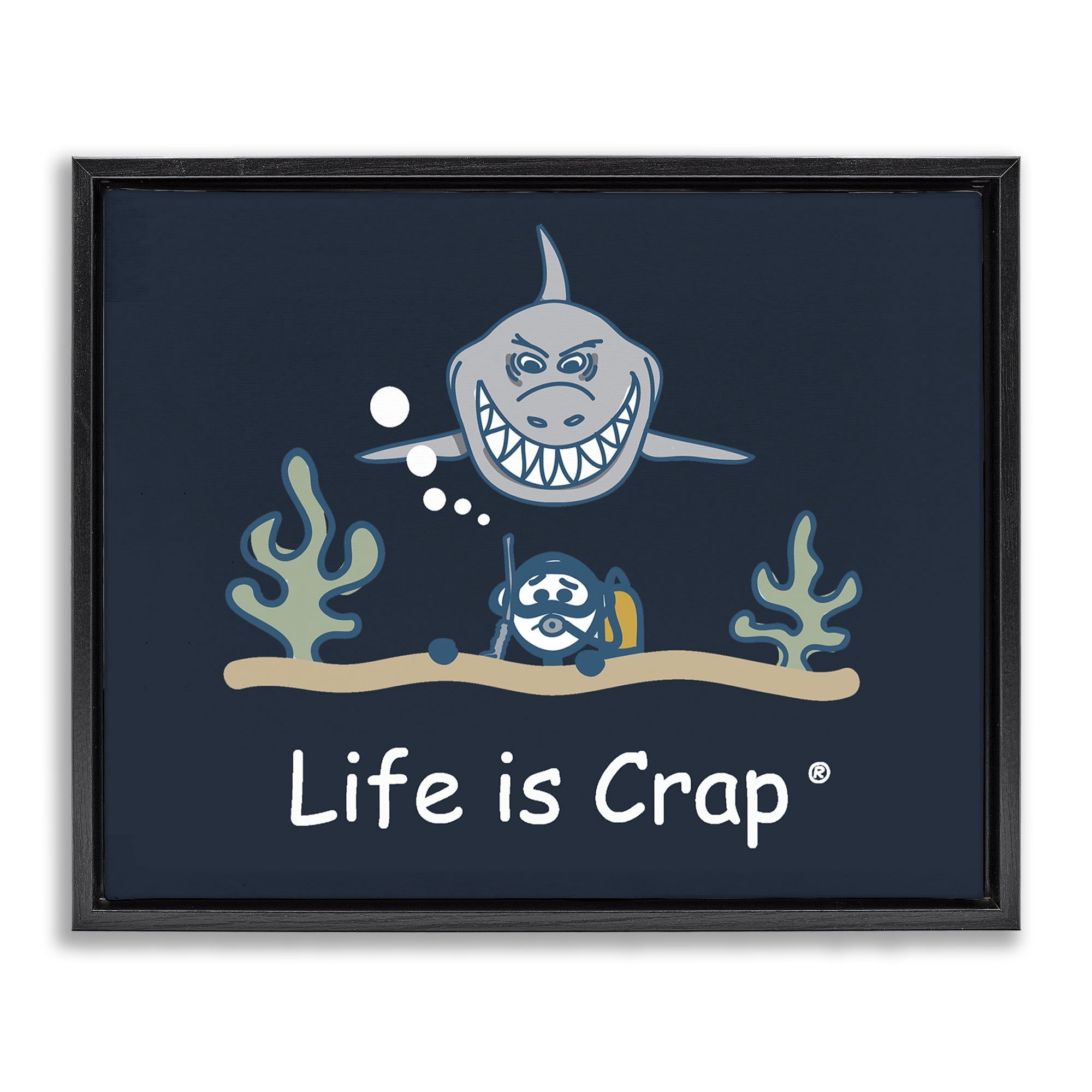 Stupell Industries Scary Scuba Shark Novelty & Humor Painting Black Floater Framed Canvas Art Print Wall Art, 21 x 17