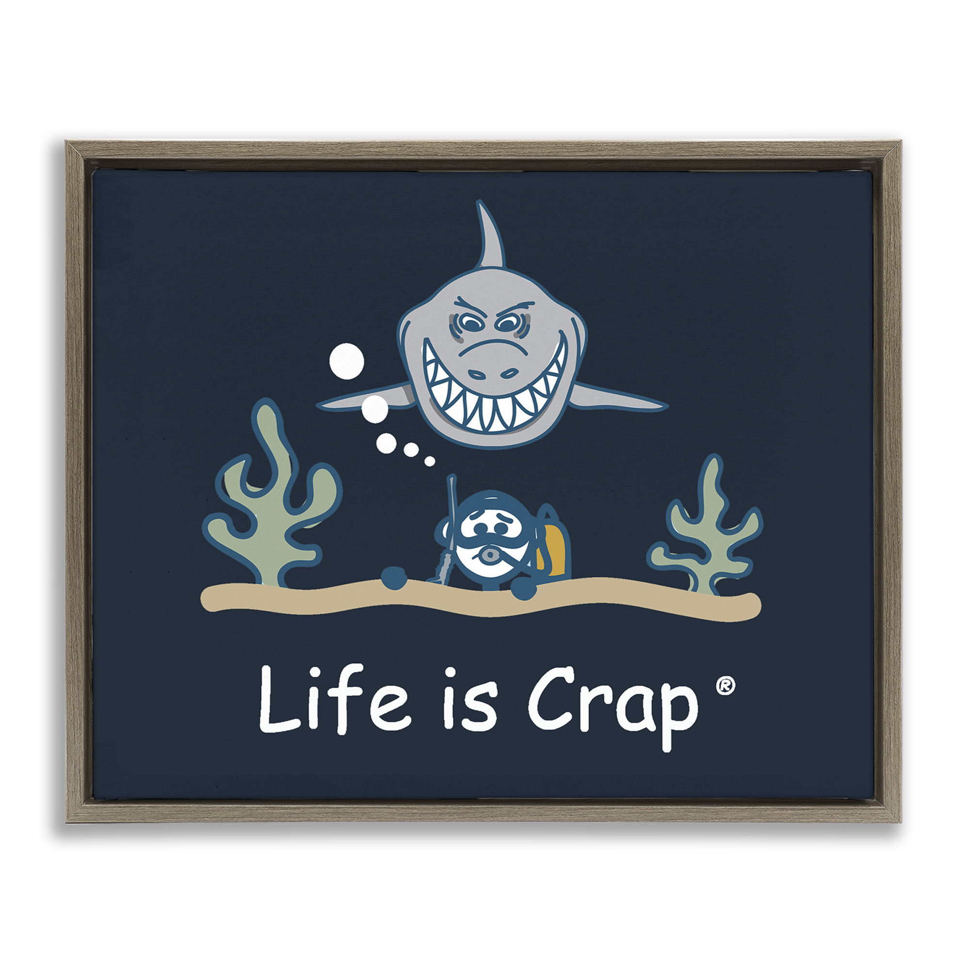 Stupell Industries Scary Scuba Shark Novelty & Humor Painting Brown Floater Framed Canvas Art Print Wall Art, 31 x 25