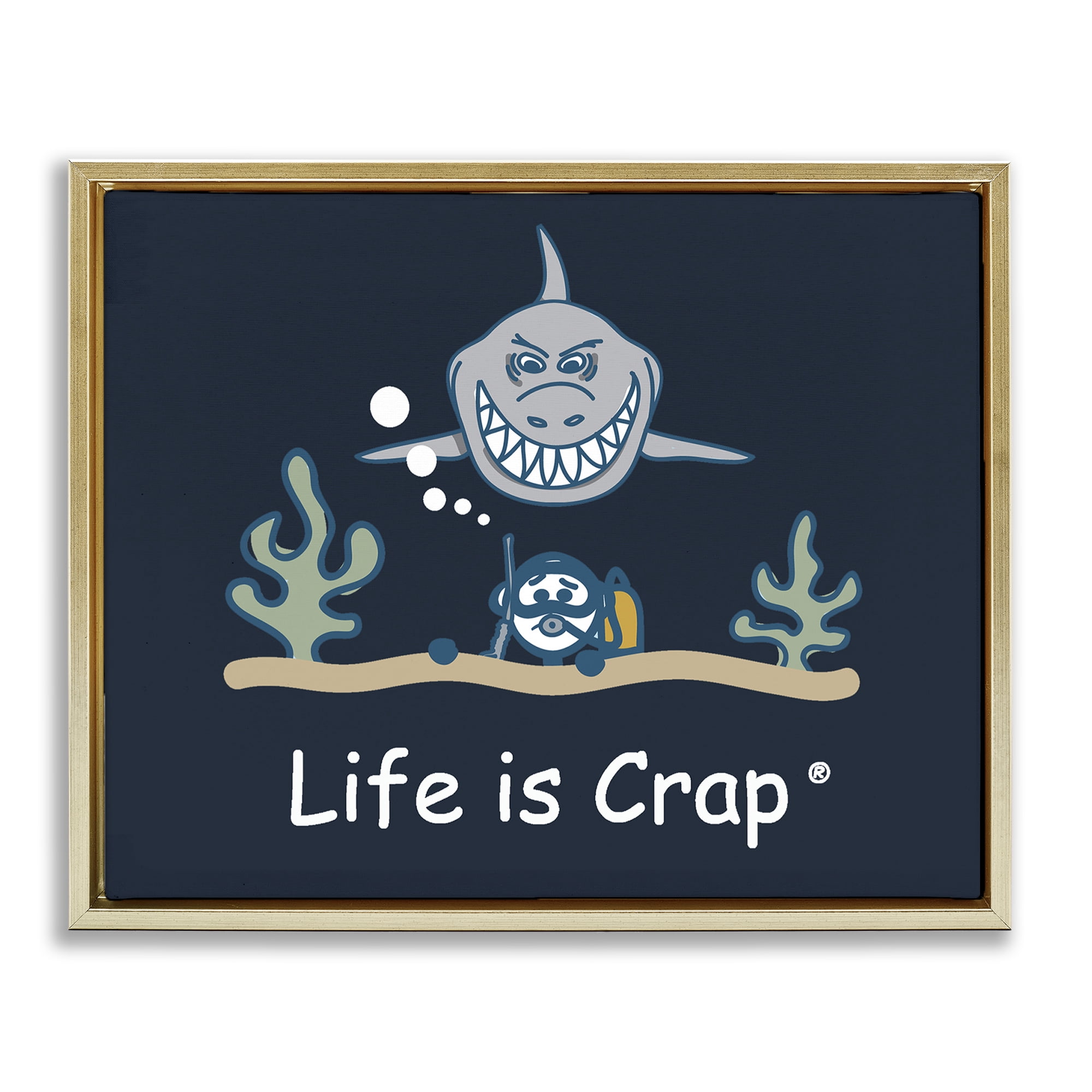 Stupell Industries Scary Scuba Shark Novelty & Humor Painting Gold Floater Framed Canvas Art Print Wall Art, 31 x 25