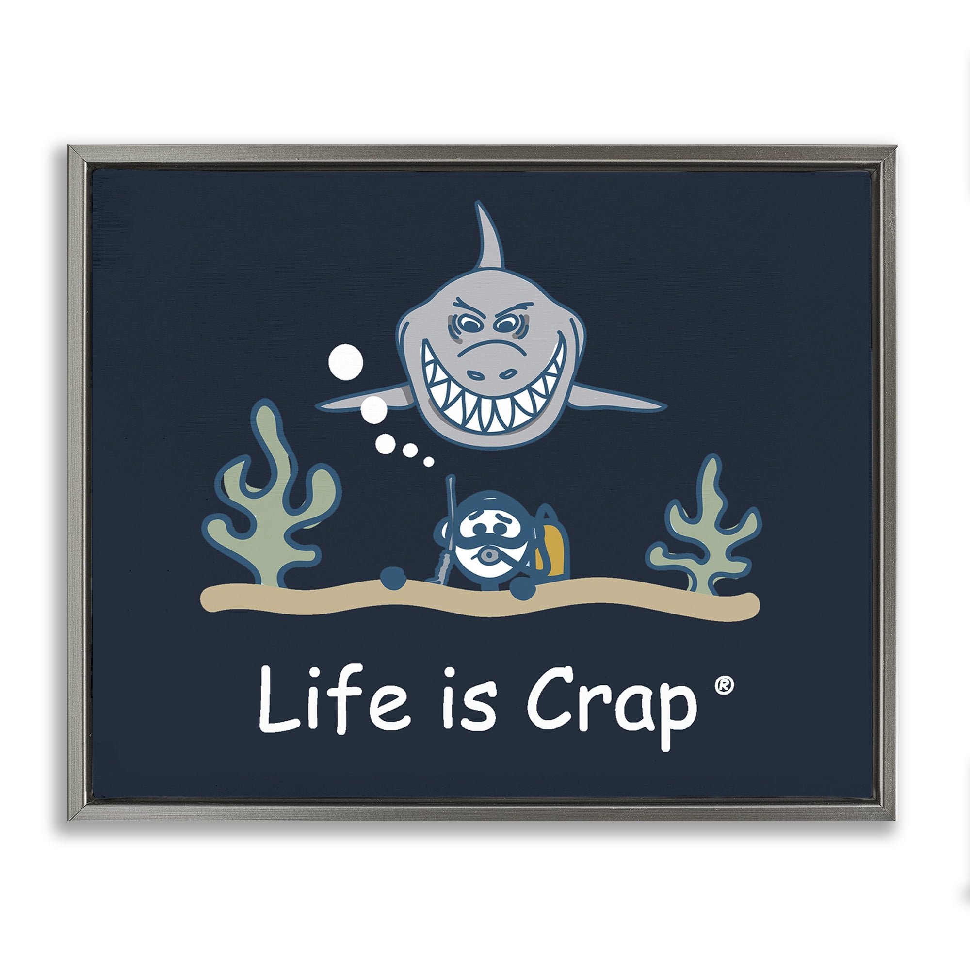 Stupell Industries Scary Scuba Shark Novelty & Humor Painting Gray Floater Framed Canvas Art Print Wall Art, 21 x 17