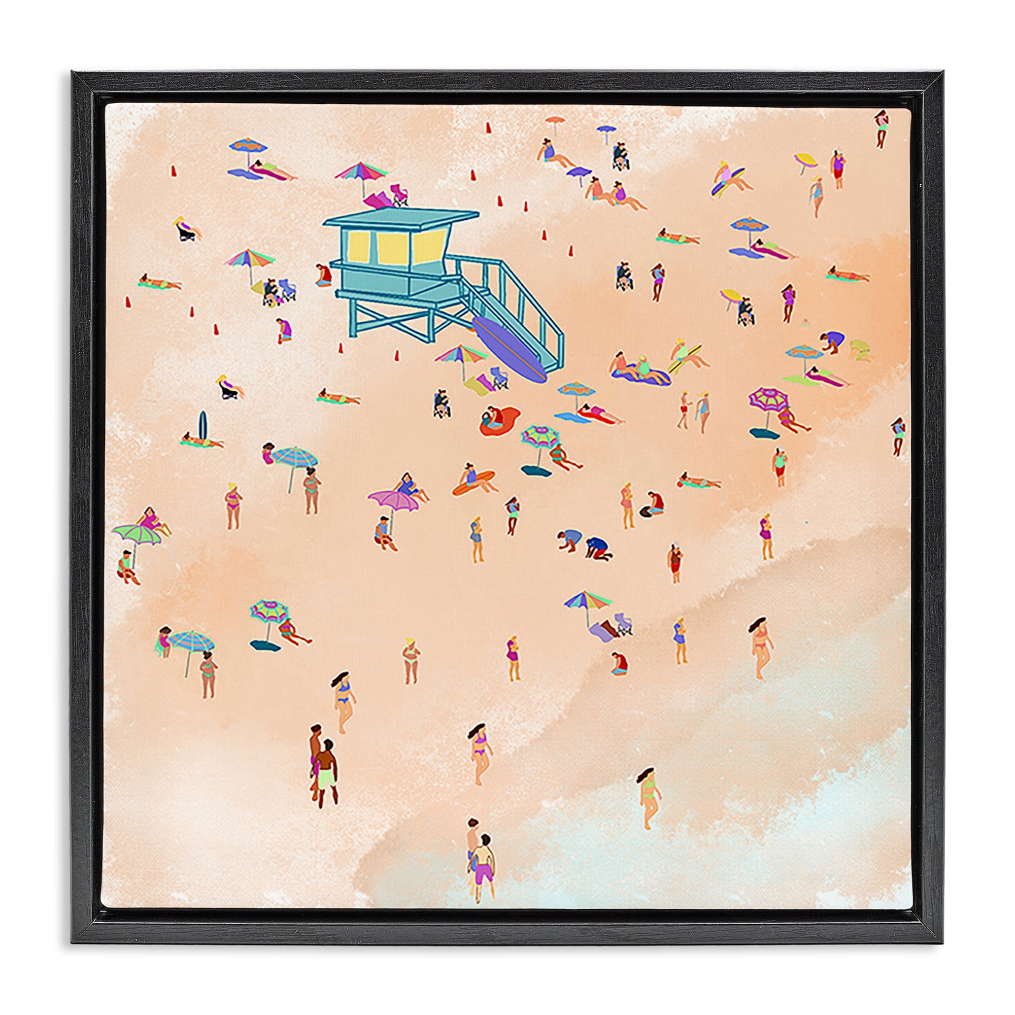 Stupell Industries Scatted Summer Beachgoers People Painting Black Floater Framed Canvas Art Print Wall Art, 25 x 25