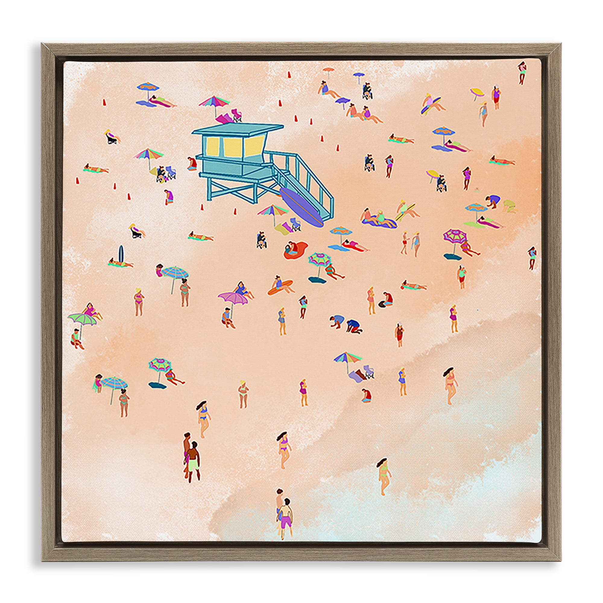 Stupell Industries Scatted Summer Beachgoers People Painting Brown Floater Framed Canvas Art Print Wall Art, 25 x 25