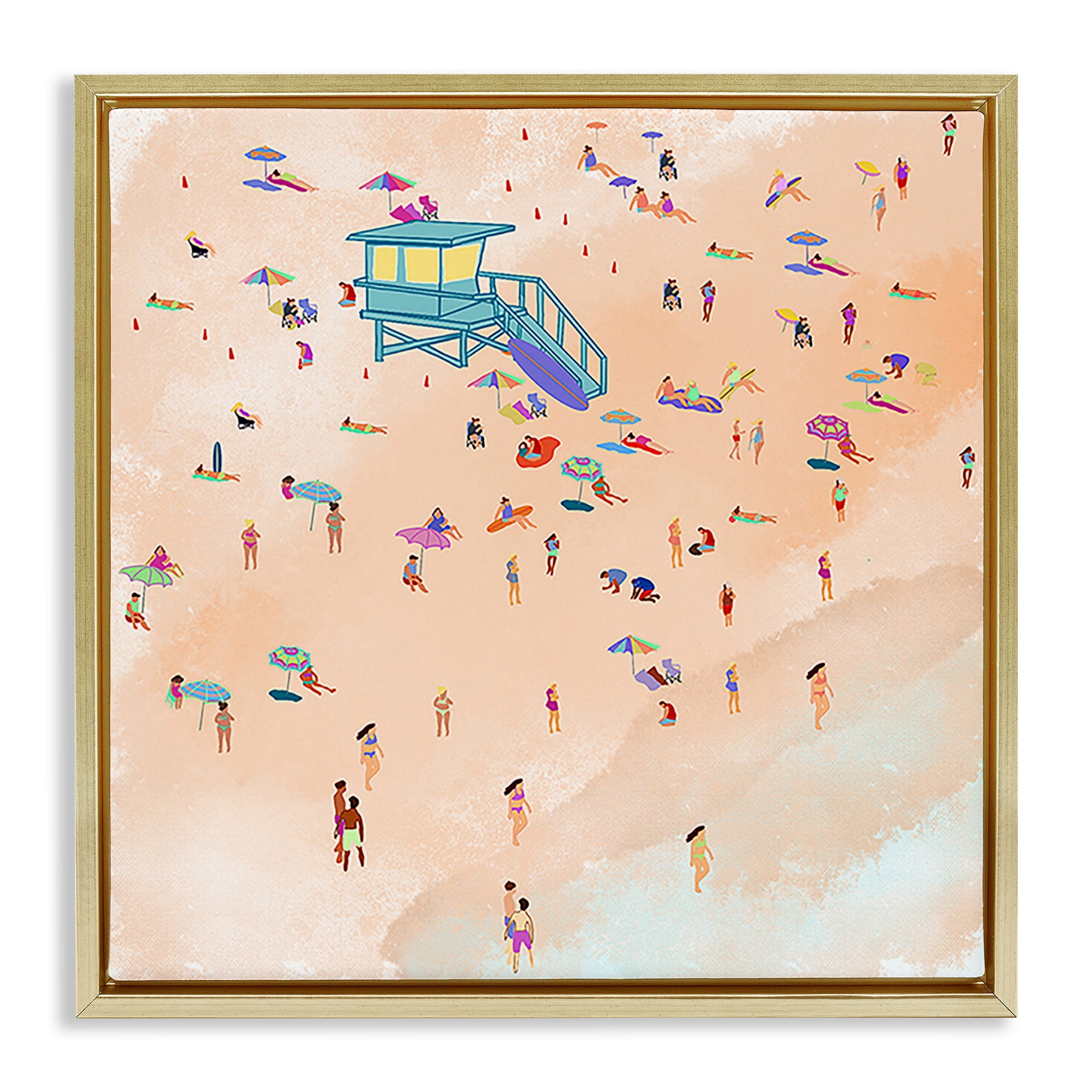 Stupell Industries Scatted Summer Beachgoers People Painting Gold Floater Framed Canvas Art Print Wall Art, 25 x 25