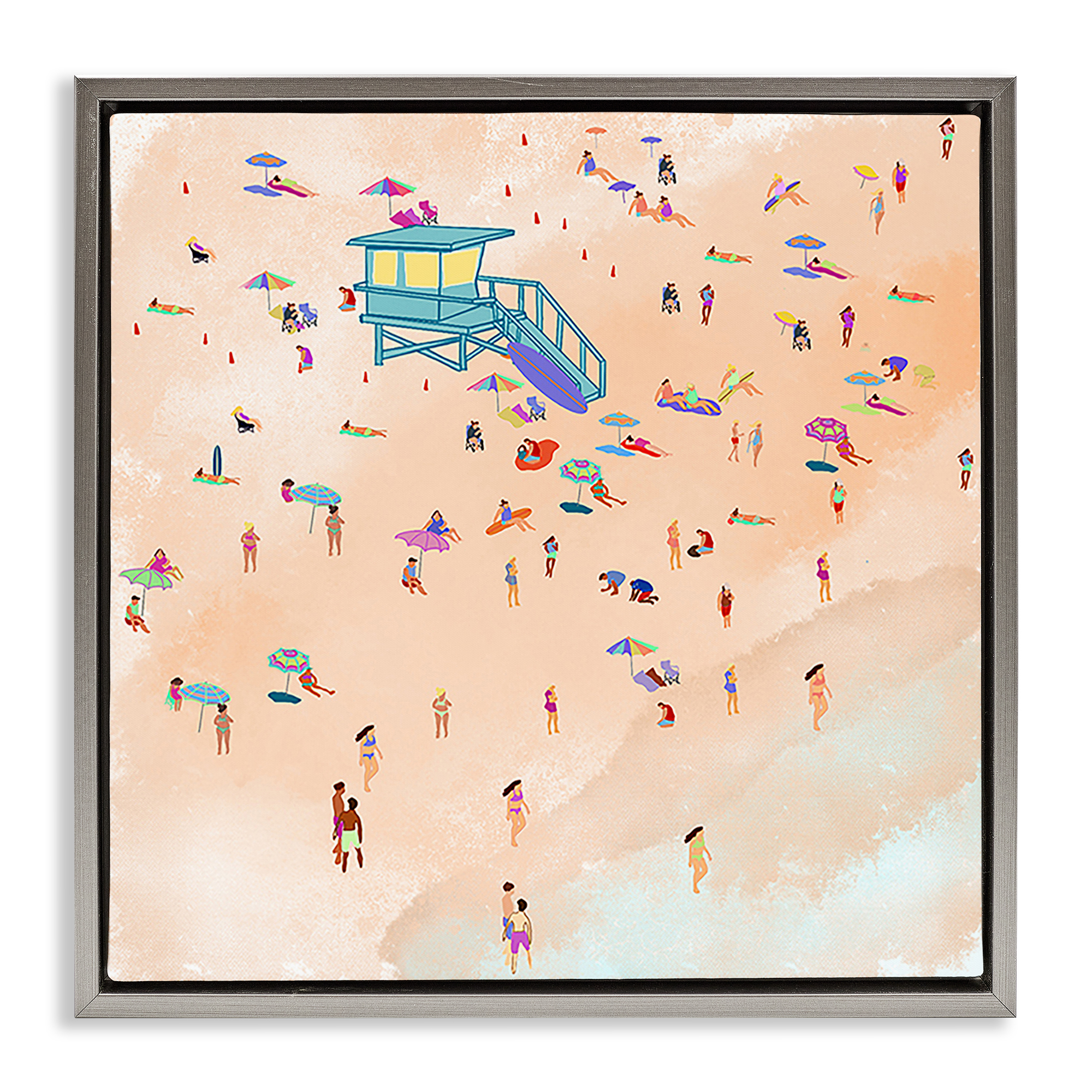 Stupell Industries Scatted Summer Beachgoers People Painting Gray Floater Framed Canvas Art Print Wall Art, 18 x 18