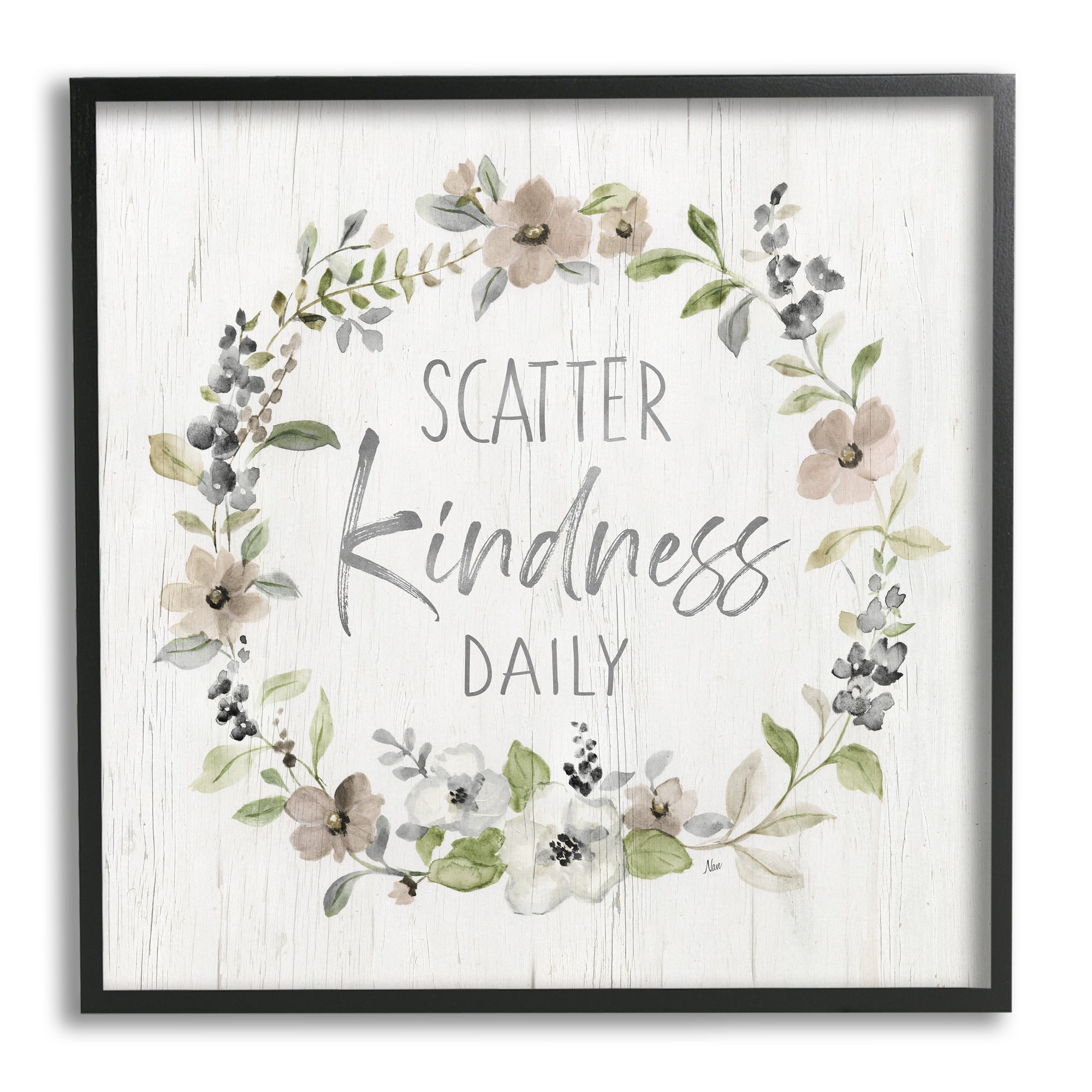 Stupell Industries Scatter Kindness Daily Blooming Shabby Chic Wreath Graphic Art Black Framed Art Print Wall Art, Design by Nan