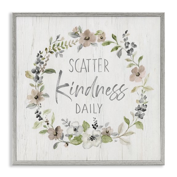 Stupell Industries Cottage Scatter Kindness Daily Blooming Shabby Chic Wreath Gray Framed Giclee Art, 17 x 17, by Nan