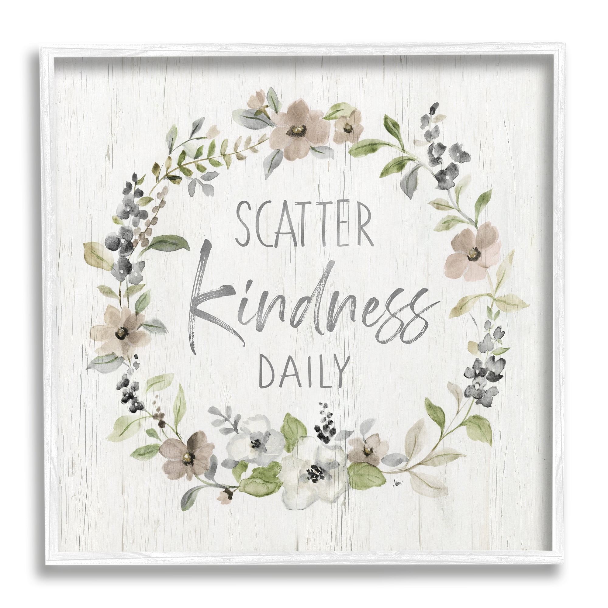 Stupell Industries Scatter Kindness Daily Blooming Shabby Chic Wreath Graphic Art White Framed Art Print Wall Art, Design by Nan