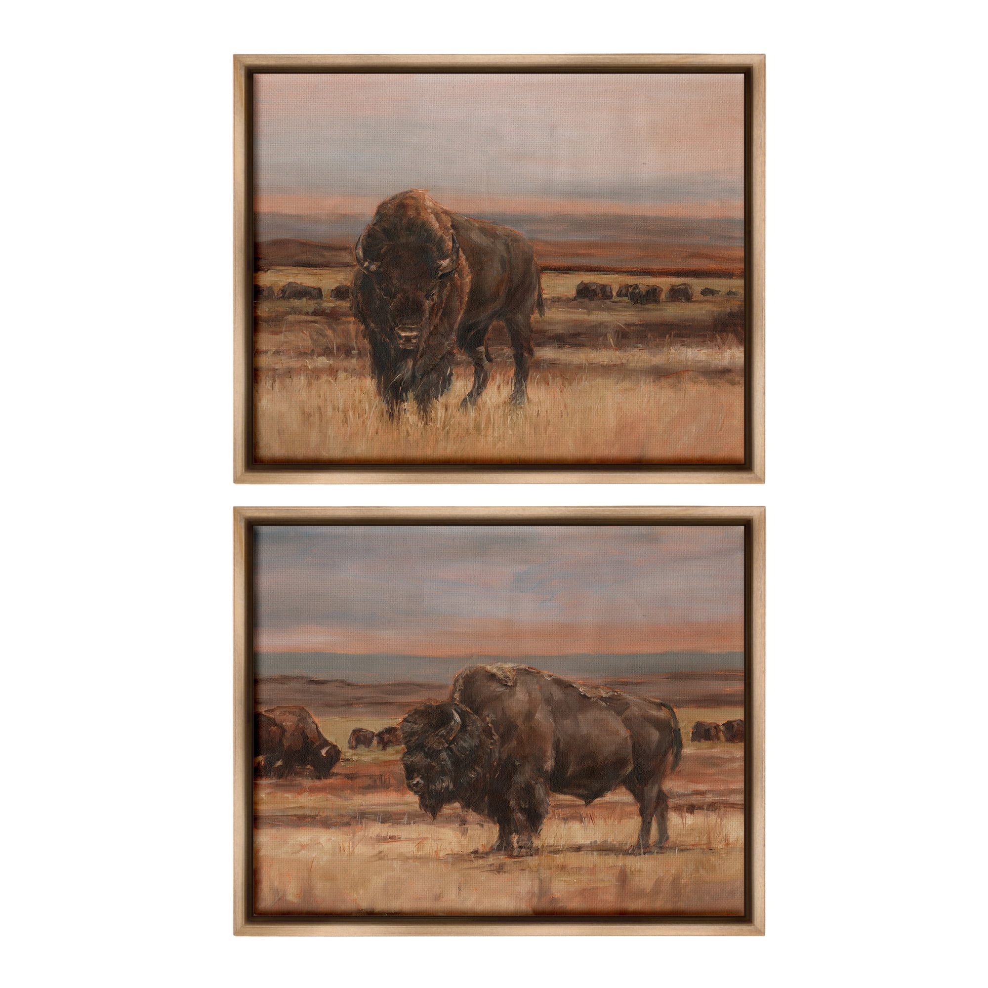 Stupell Industries Scattered Bison & Farmland Animals & Insects Painting Brown Floater Framed Canvas Art Print Wall Art, 21 x 17, Set of 2
