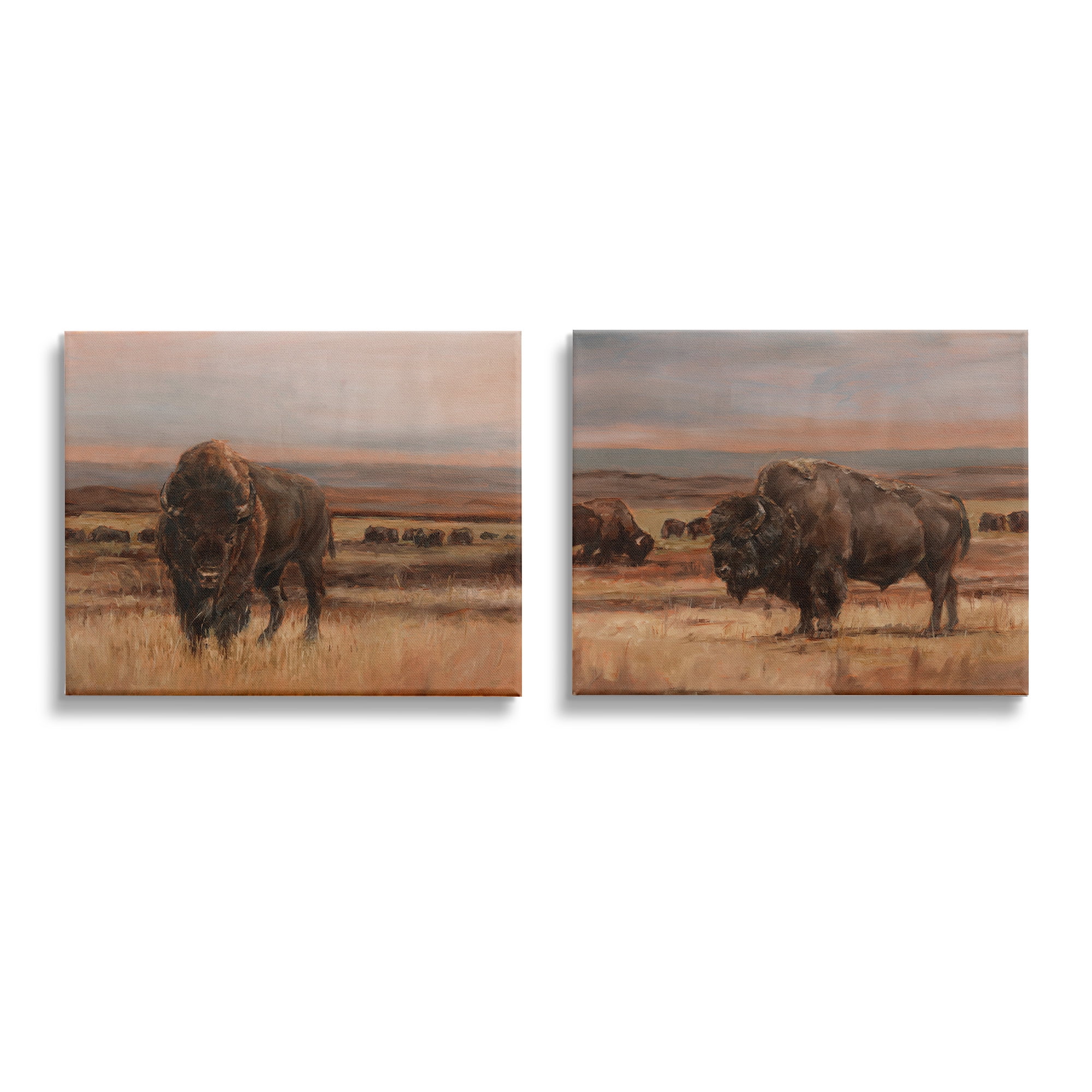 Stupell Industries Scattered Bison & Farmland Animals & Insects Painting Gallery Wrapped Canvas Art Print Wall Art, 30 x 24, Set of 2