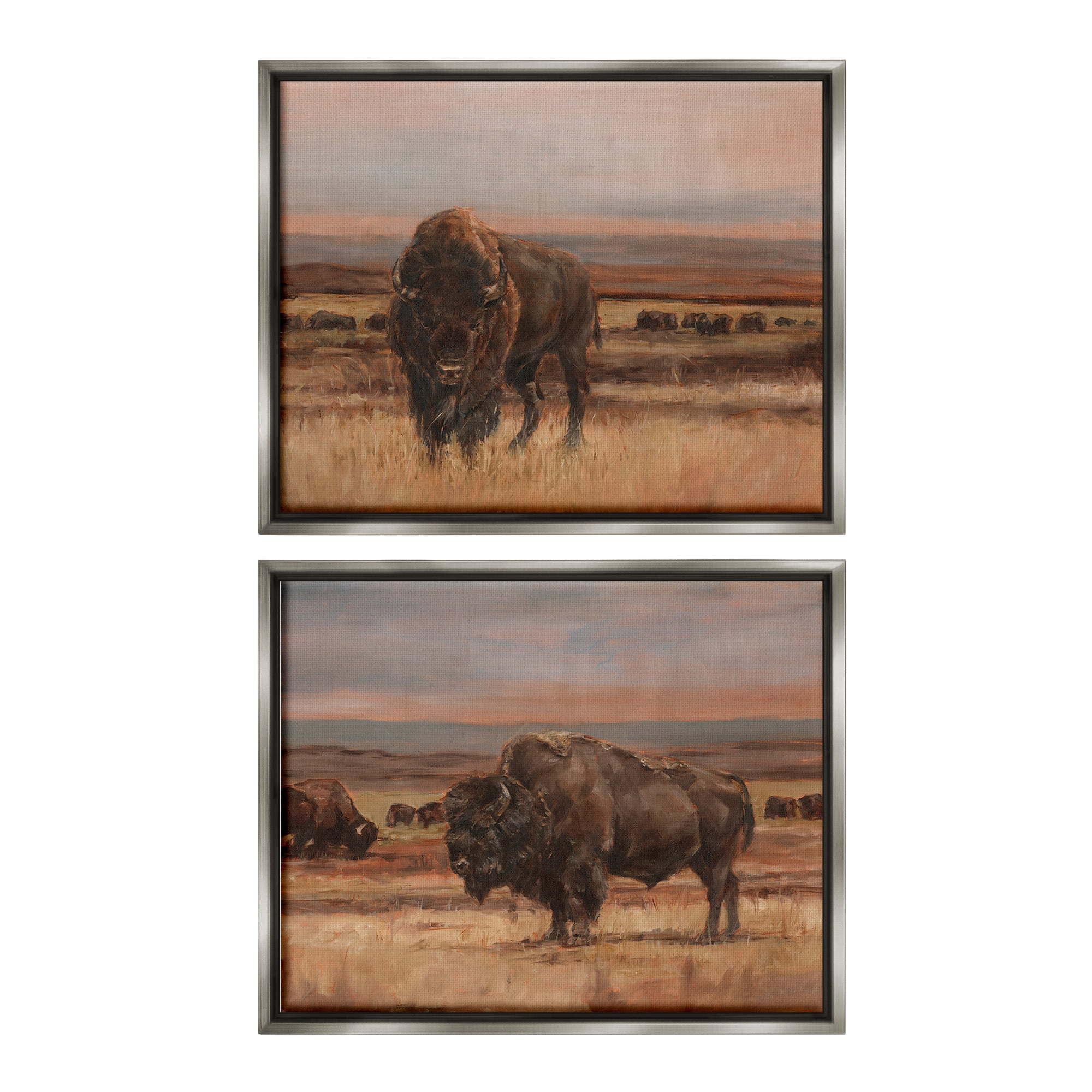 Stupell Industries Scattered Bison & Farmland Animals & Insects Painting Gray Floater Framed Canvas Art Print Wall Art, 31 x 25, Set of 2