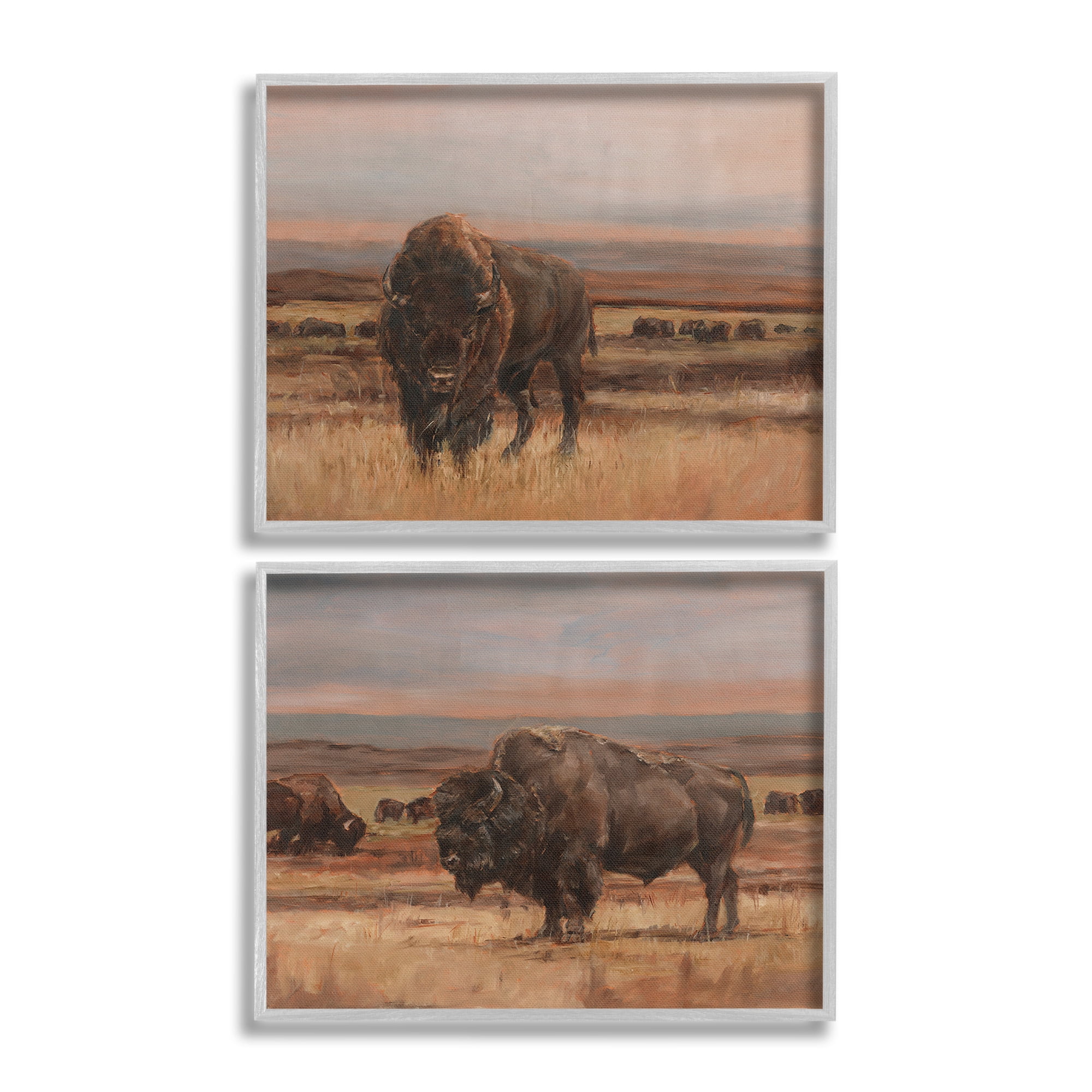 Stupell Industries Scattered Bison & Farmland Animals & Insects Painting Gray Framed Art Print Wall Art, 20 x 16, Set of 2