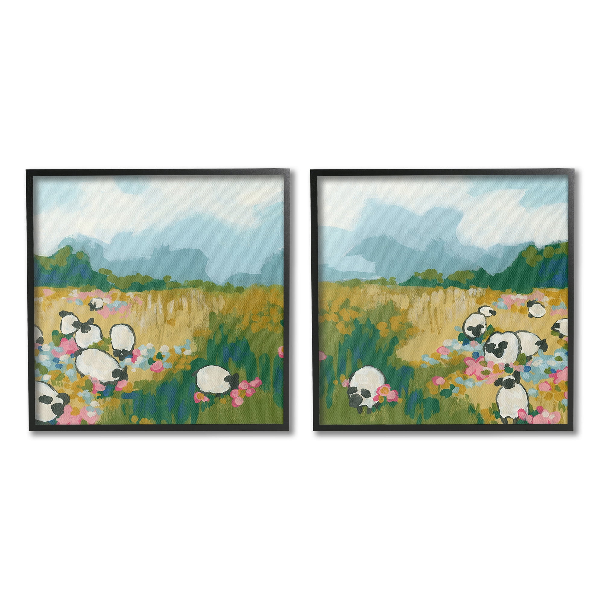 Stupell Industries Scattered Sheep in Field Landscape Painting Black Framed Art Print Wall Art, 17 x 17, Set of 2