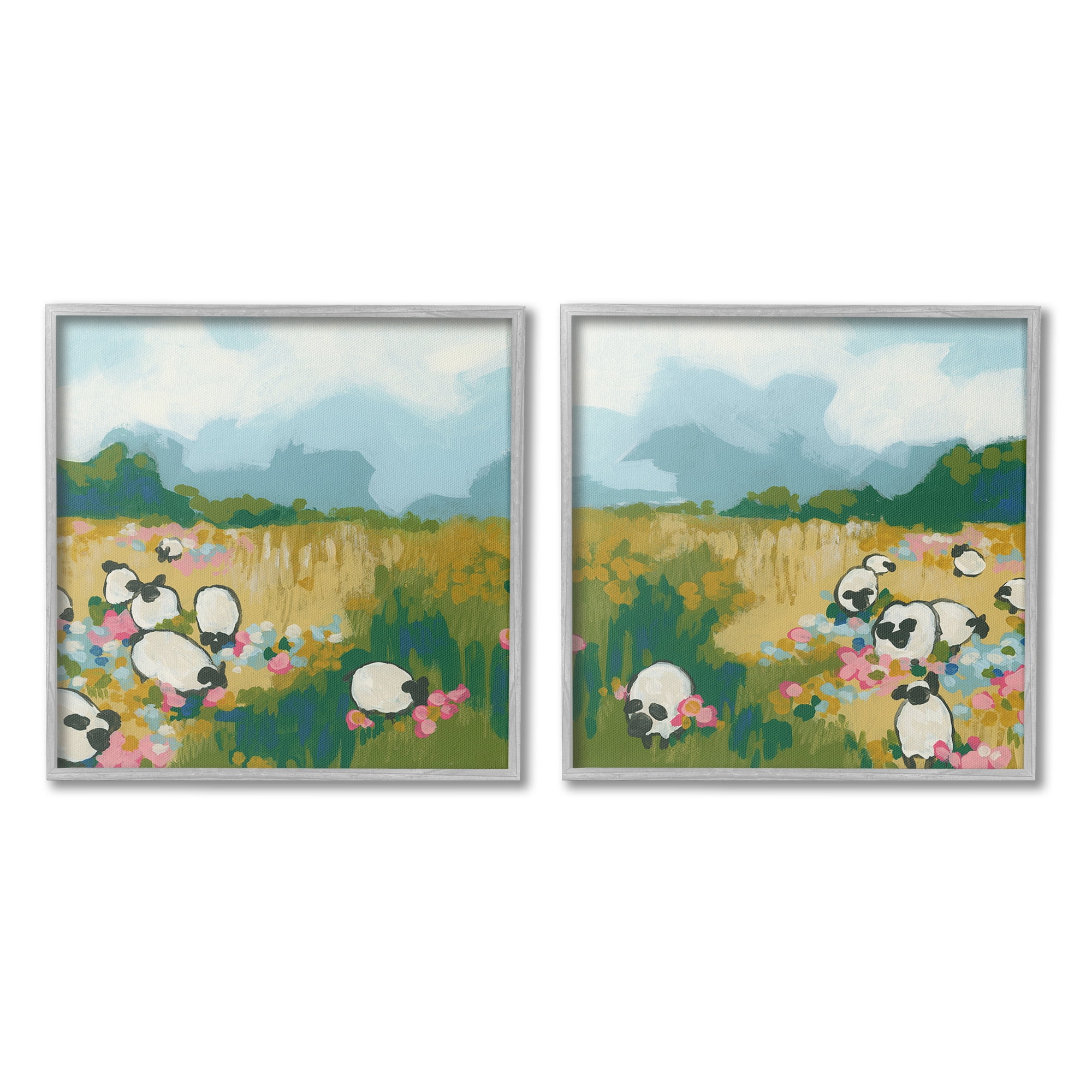Stupell Industries Scattered Sheep in Field Landscape Painting Gray Framed Art Print Wall Art, 24 x 24, Set of 2