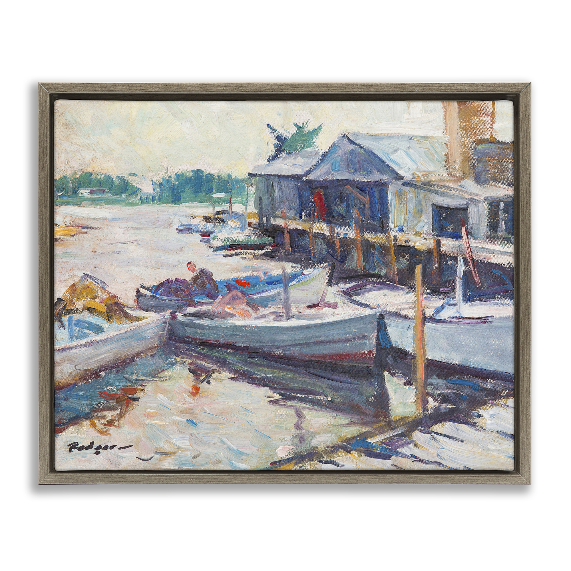 Stupell Industries Scenic Boat Marina Landscape & Nature Painting Brown Floater Framed Canvas Art Print Wall Art, 31 x 25
