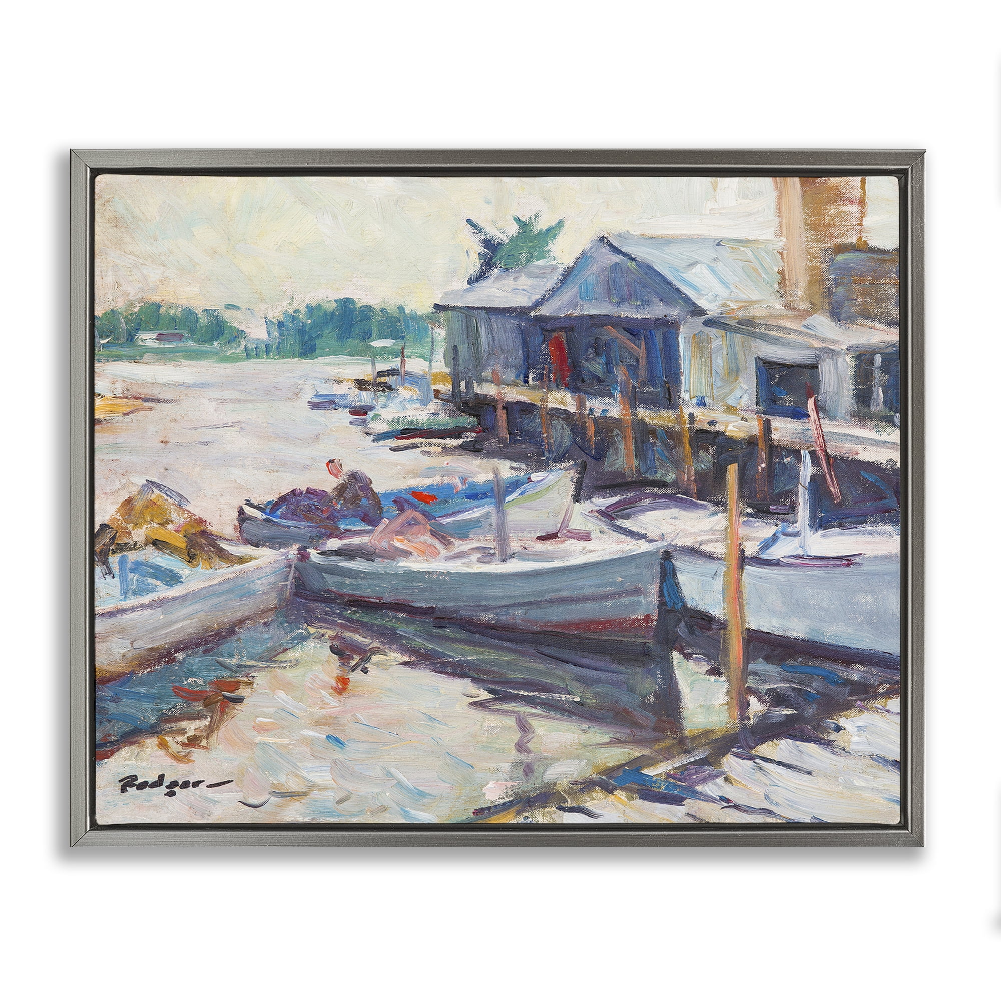 Stupell Industries Scenic Boat Marina Landscape & Nature Painting Gray Floater Framed Canvas Art Print Wall Art, 31 x 25