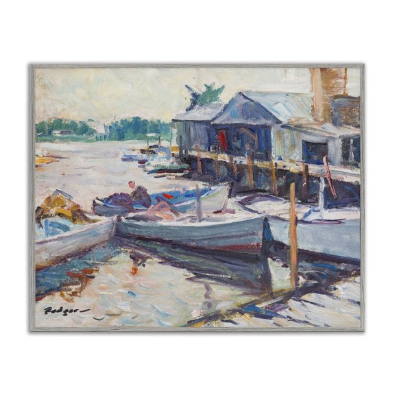 Stupell Industries Scenic Boat Marina Landscape & Nature Painting Gray Framed Art Print Wall Art, 14 x 11