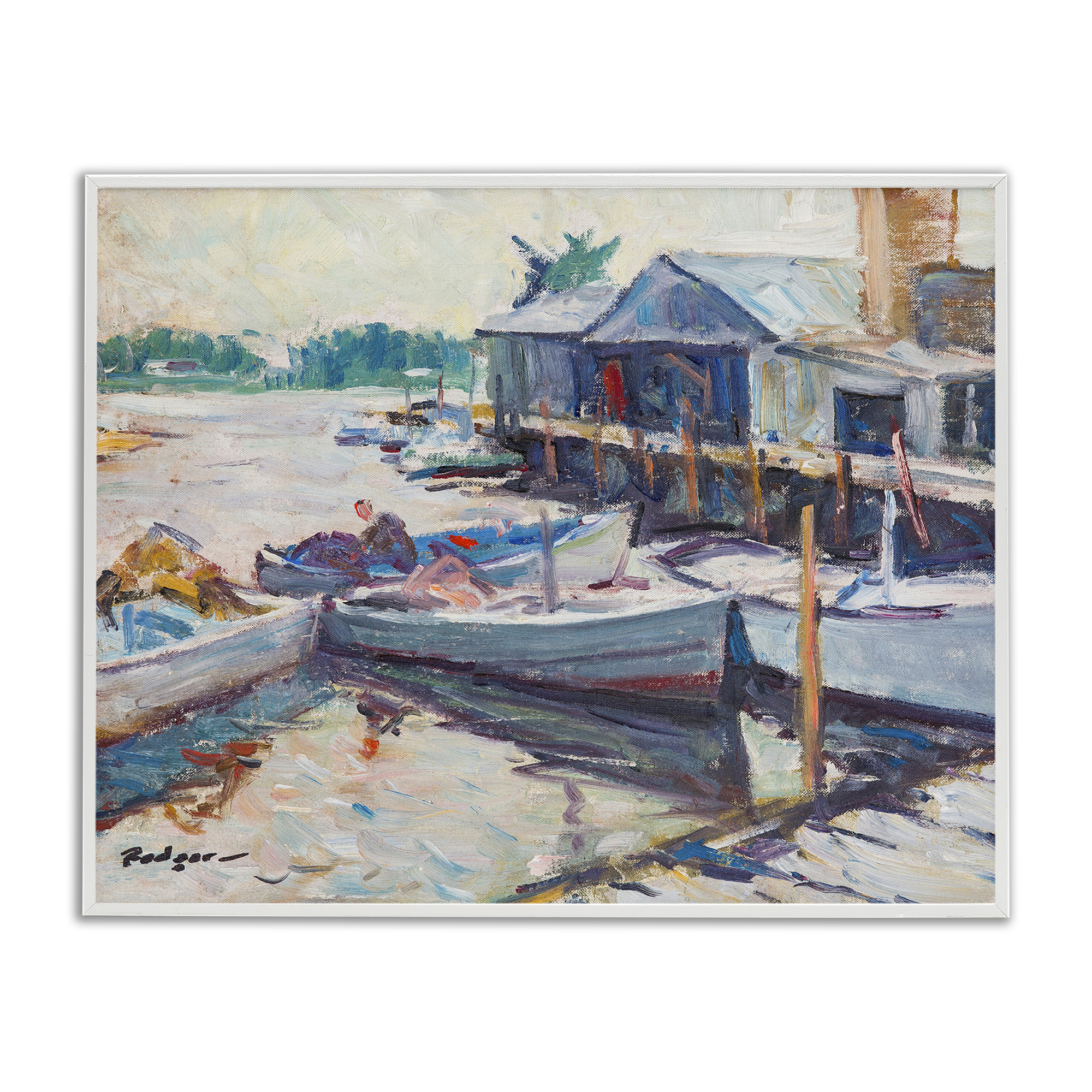 Stupell Industries Scenic Boat Marina Landscape & Nature Painting White Framed Art Print Wall Art, 14 x 11