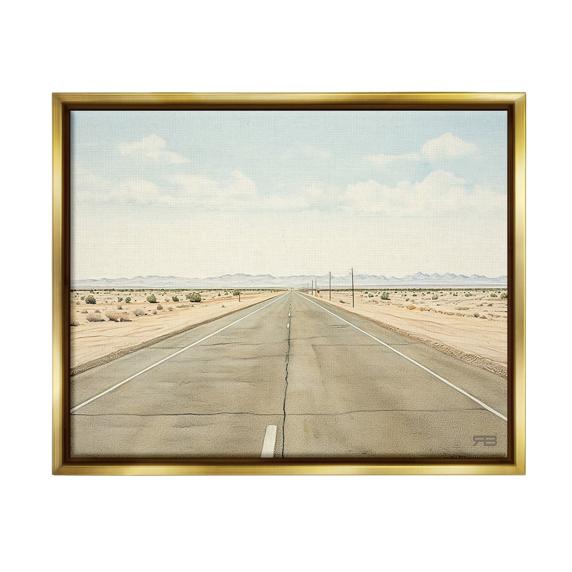Stupell Industries Scenic Desert Road Landscape Painting Gold Floater Framed Canvas Art Print Wall Art, 31 x 25
