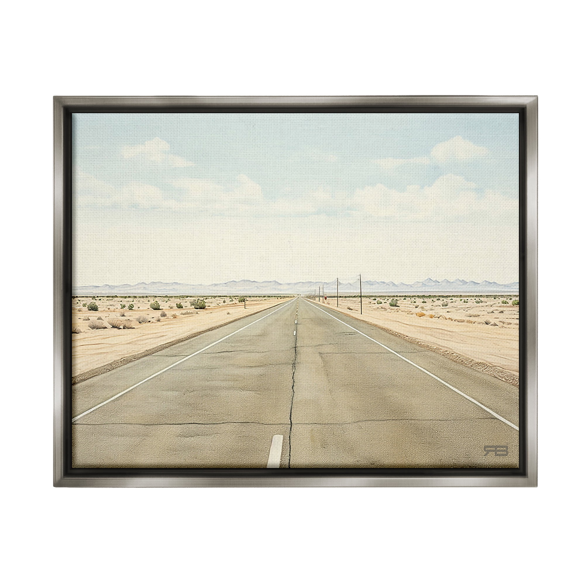 Stupell Industries Scenic Desert Road Landscape Painting Gray Floater Framed Canvas Art Print Wall Art, 21 x 17