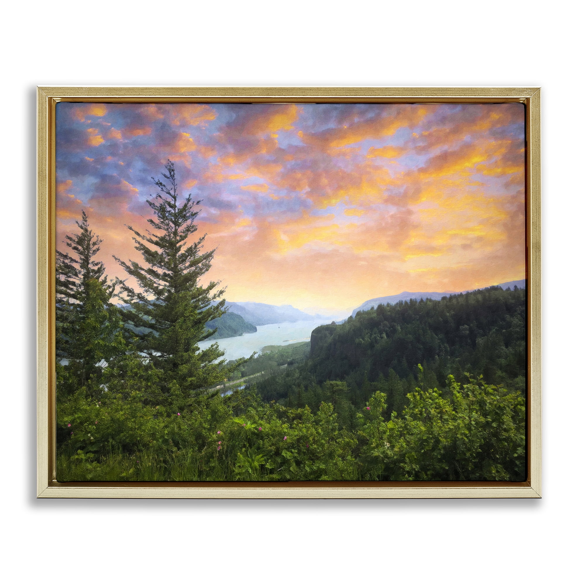Stupell Industries Scenic Overlook at Sunset Landscape & Nature Painting Gold Floater Framed Canvas Art Print Wall Art, 31 x 25
