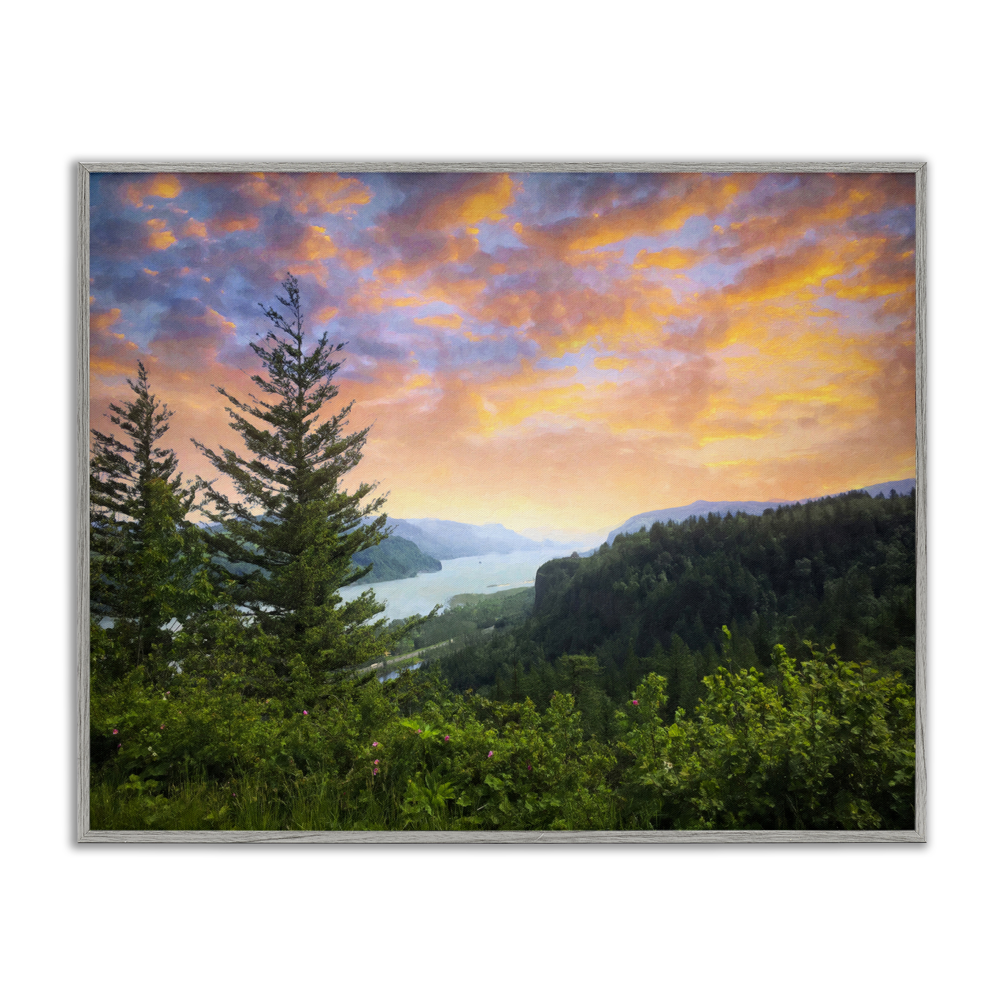 Stupell Industries Scenic Overlook at Sunset Landscape & Nature Painting Gray Framed Art Print Wall Art, 14 x 11
