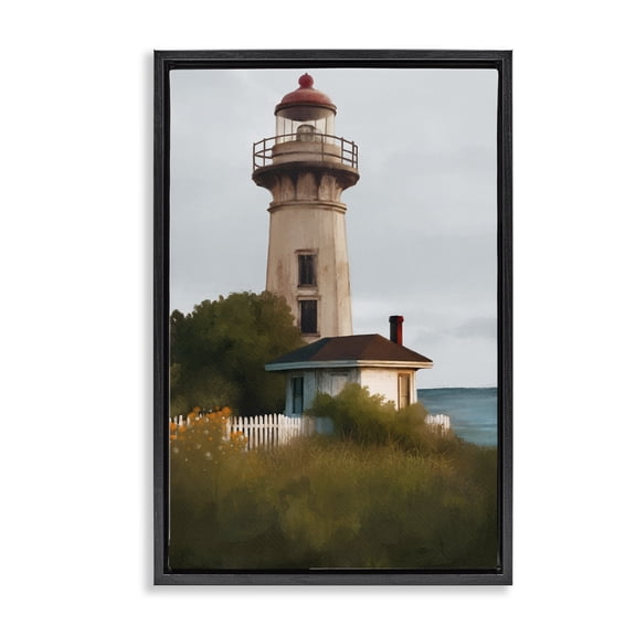 Stupell Industries Scenic Summer Lighthouse View Landscape & Nature Painting Black Floater Framed Canvas Art Print Wall Art, 17 x 25
