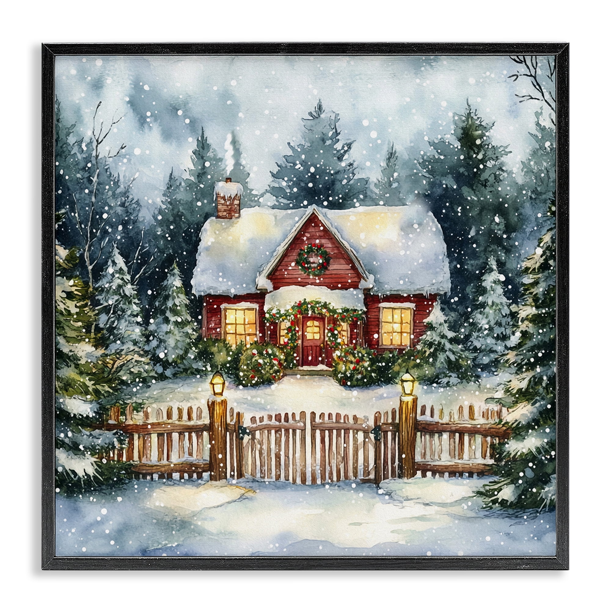Stupell Industries Scenic Winter Cottage Holiday Painting Black Framed Art Prints Wall Art, 24 x 24