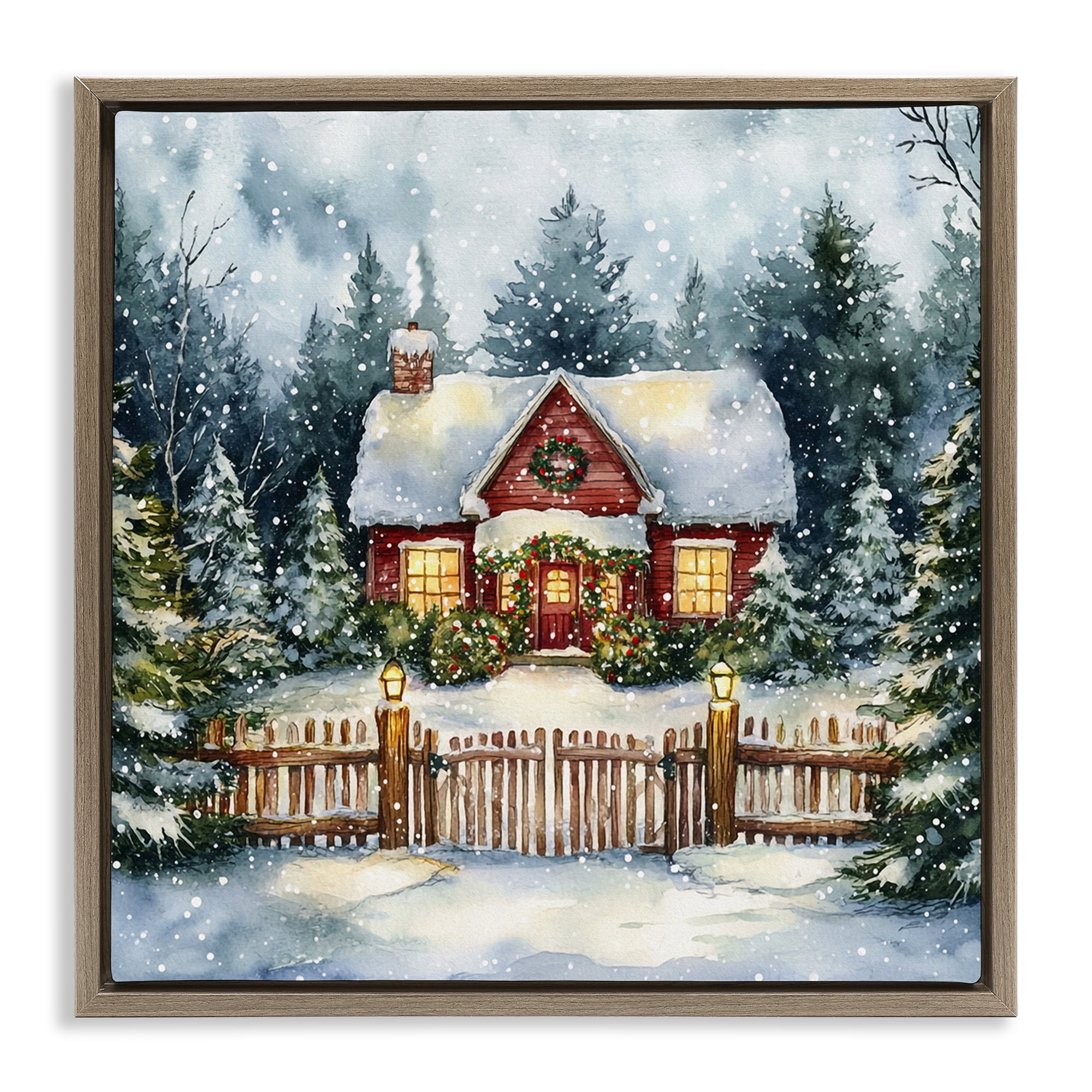 Stupell Industries Scenic Winter Cottage Holiday Painting Brown Floater Framed Canvas Art Prints Wall Art, 18 x 18