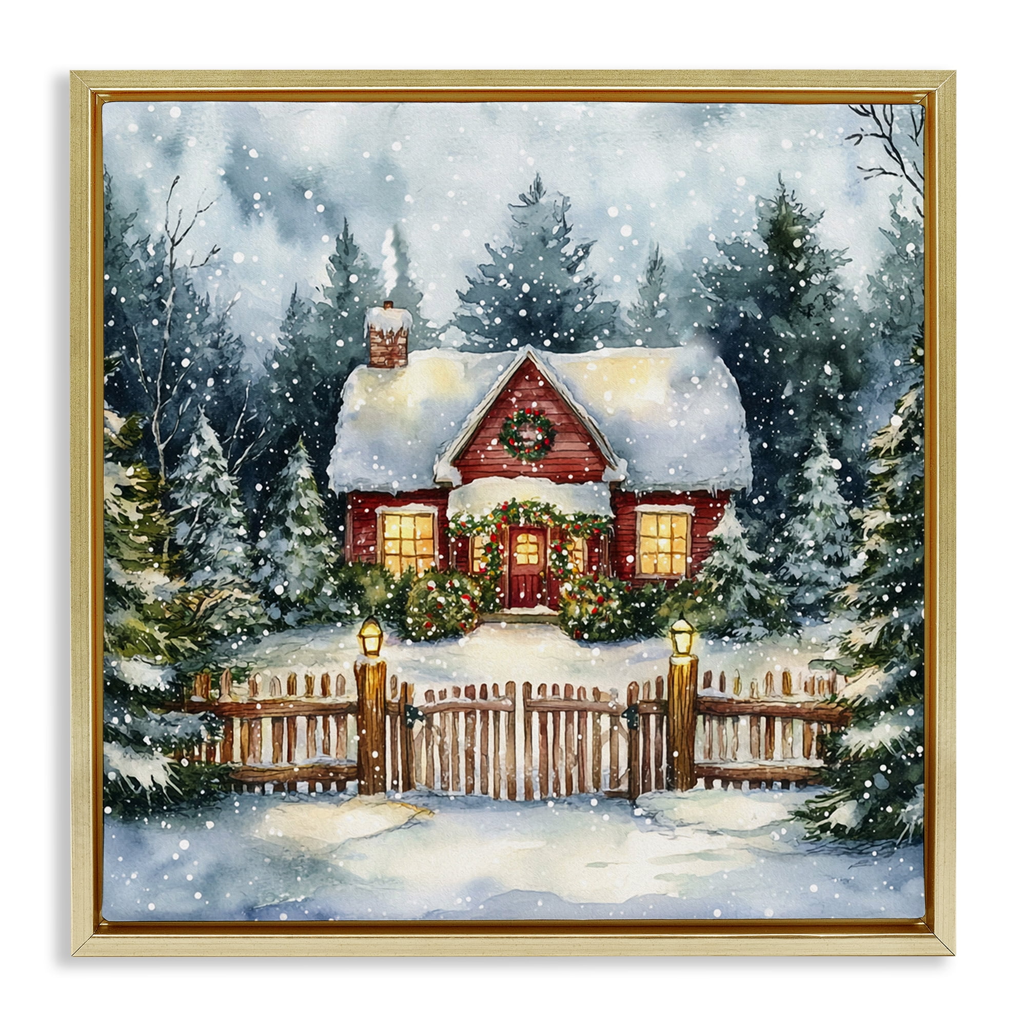 Stupell Industries Scenic Winter Cottage Holiday Painting Gold Floater Framed Canvas Art Prints Wall Art, 25 x 25