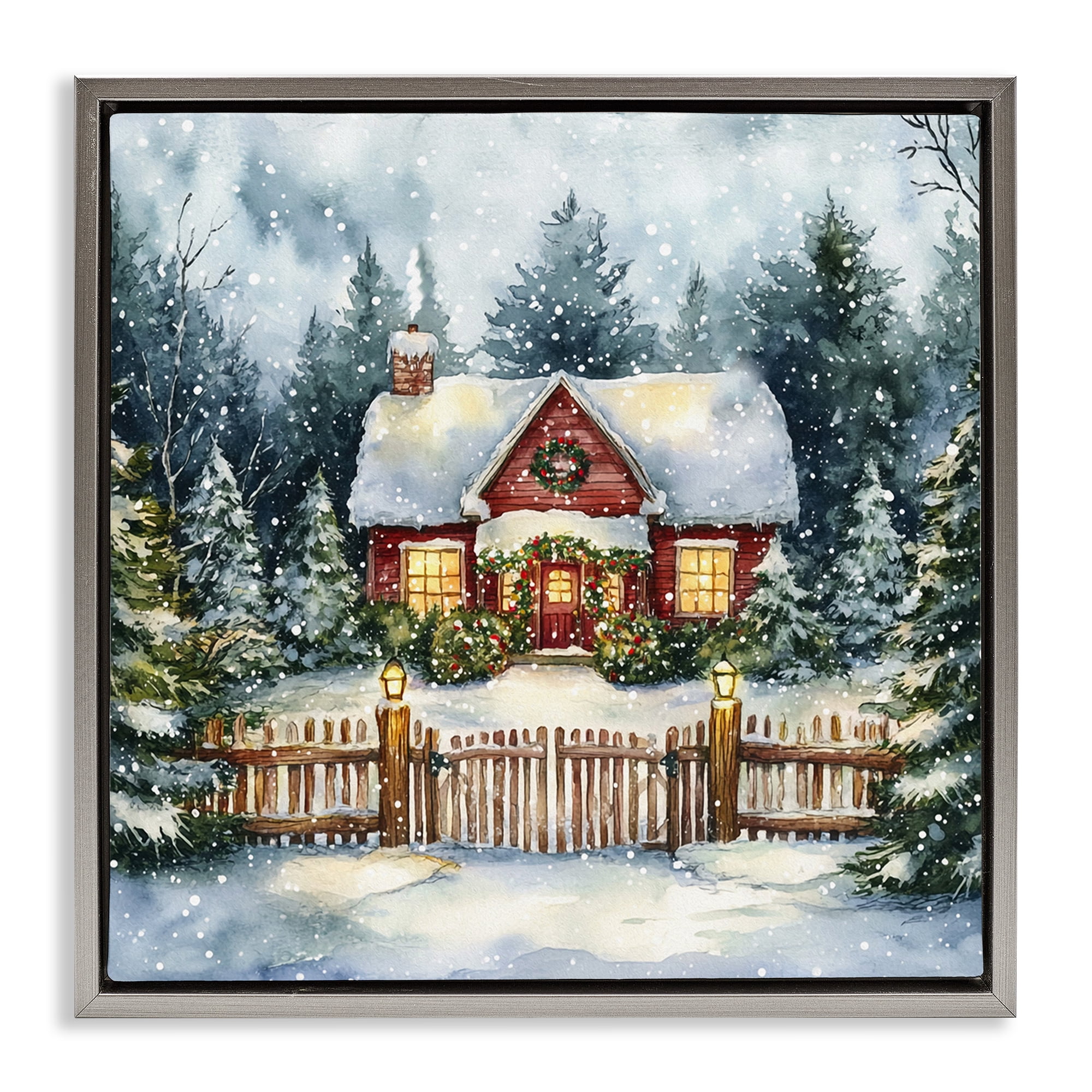 Stupell Industries Scenic Winter Cottage Holiday Painting Gray Floater Framed Canvas Art Prints Wall Art, 18 x 18