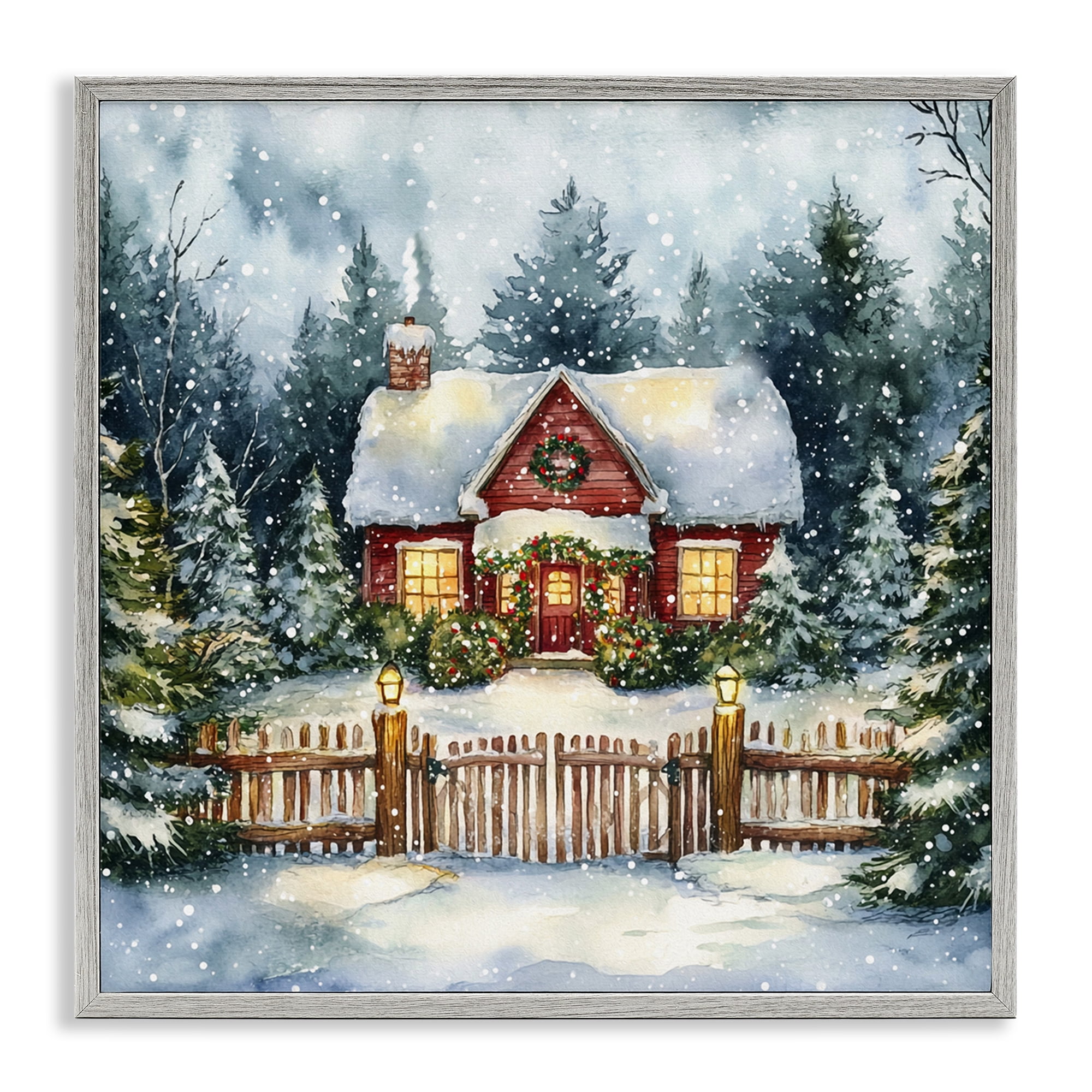 Stupell Industries Scenic Winter Cottage Holiday Painting Gray Framed Art Prints Wall Art, 12 x 12
