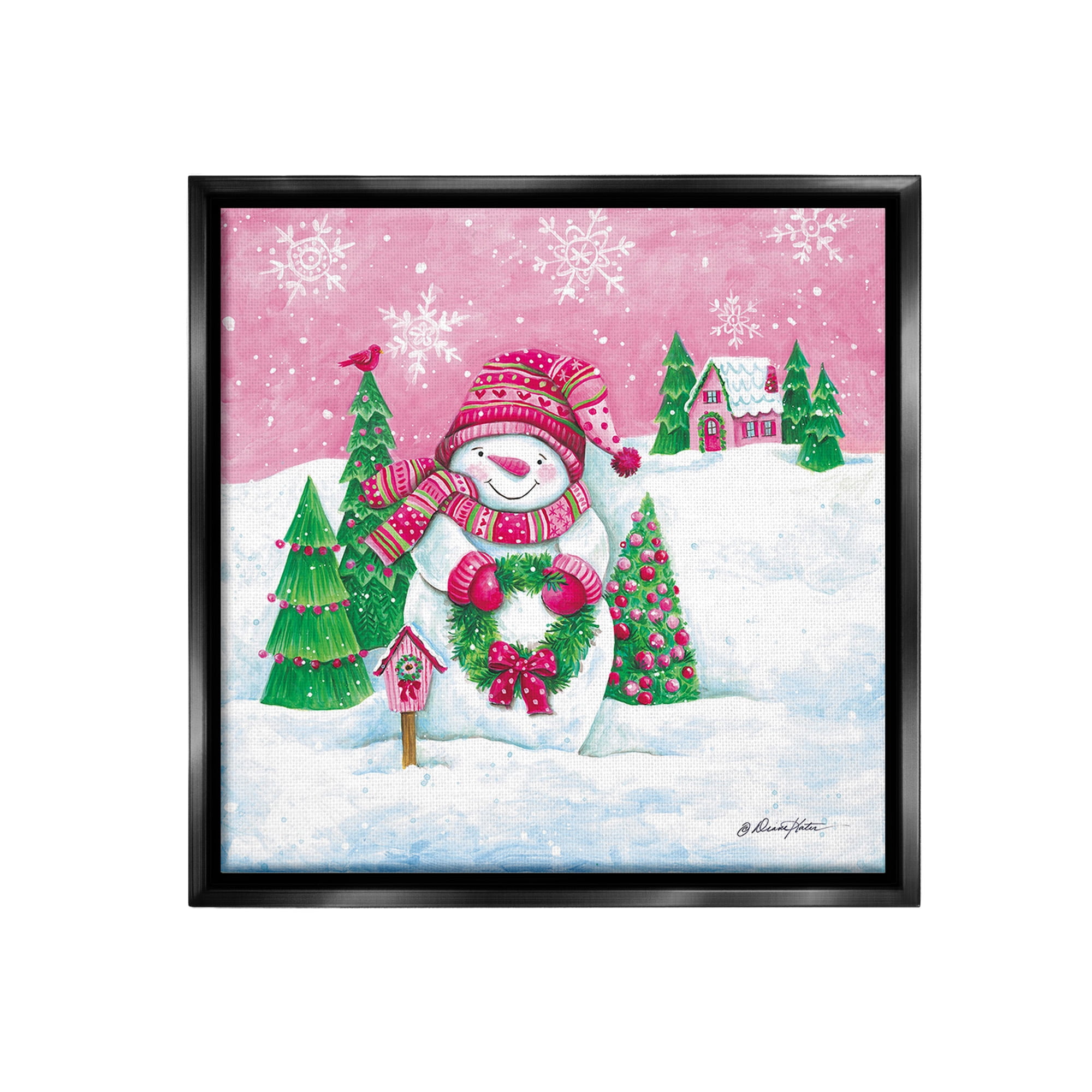 Stupell Industries Scenic Winter Snowman Holiday Painting Black Floater Framed Canvas Art Print Wall Art, 18 x 18
