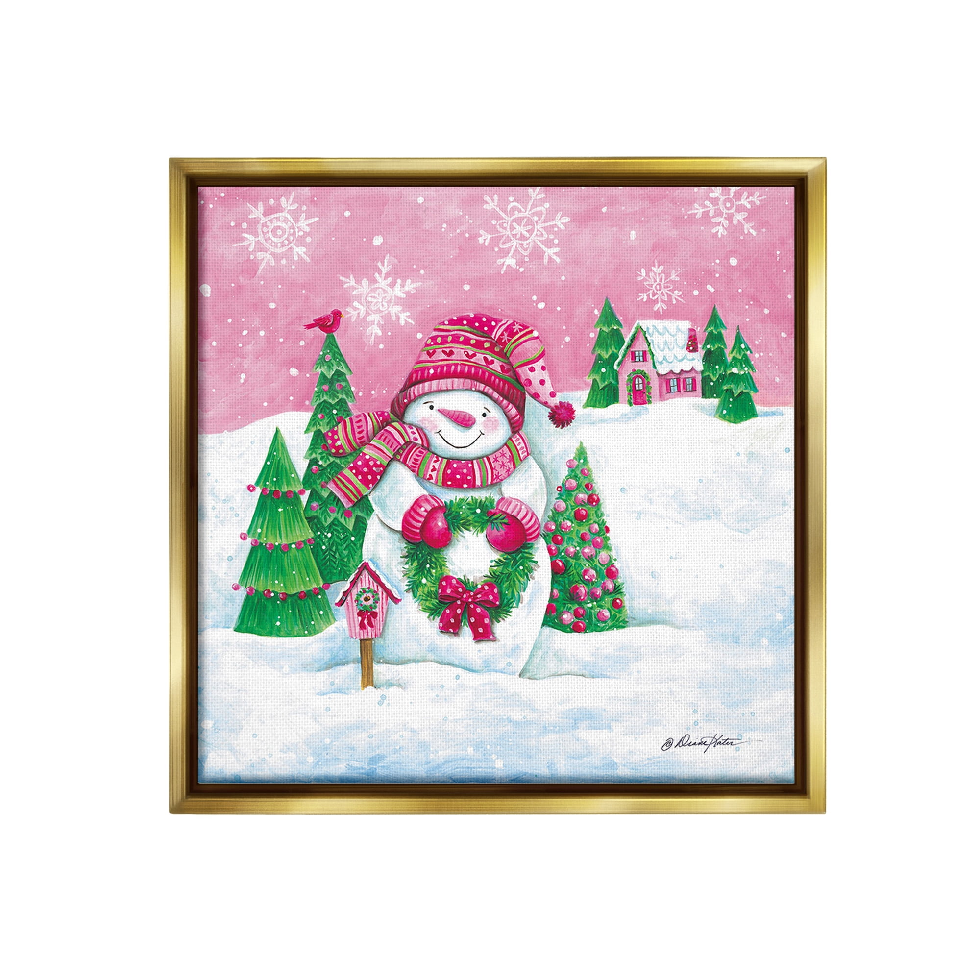 Stupell Industries Scenic Winter Snowman Holiday Painting Gold Floater Framed Canvas Art Print Wall Art, 25 x 25