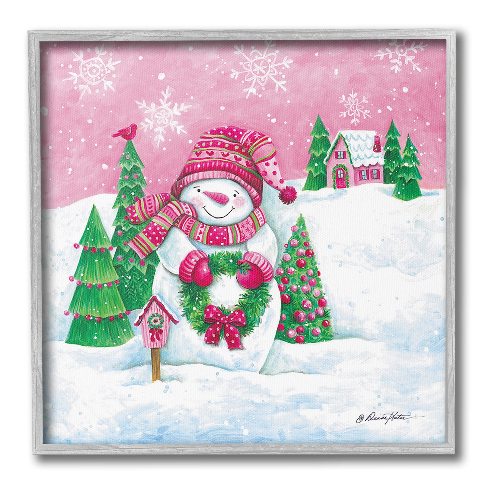 Stupell Industries Scenic Winter Snowman Holiday Painting Gray Framed Art Print Wall Art, 12 x 12