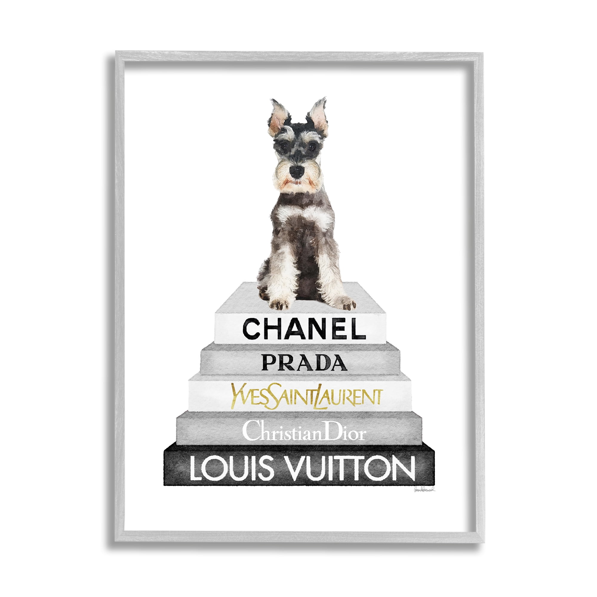 Stupell Industries Schnauzer Puppy on Books Animals & Insects Painting Gray Framed Art Print Wall Art, 16 x 20