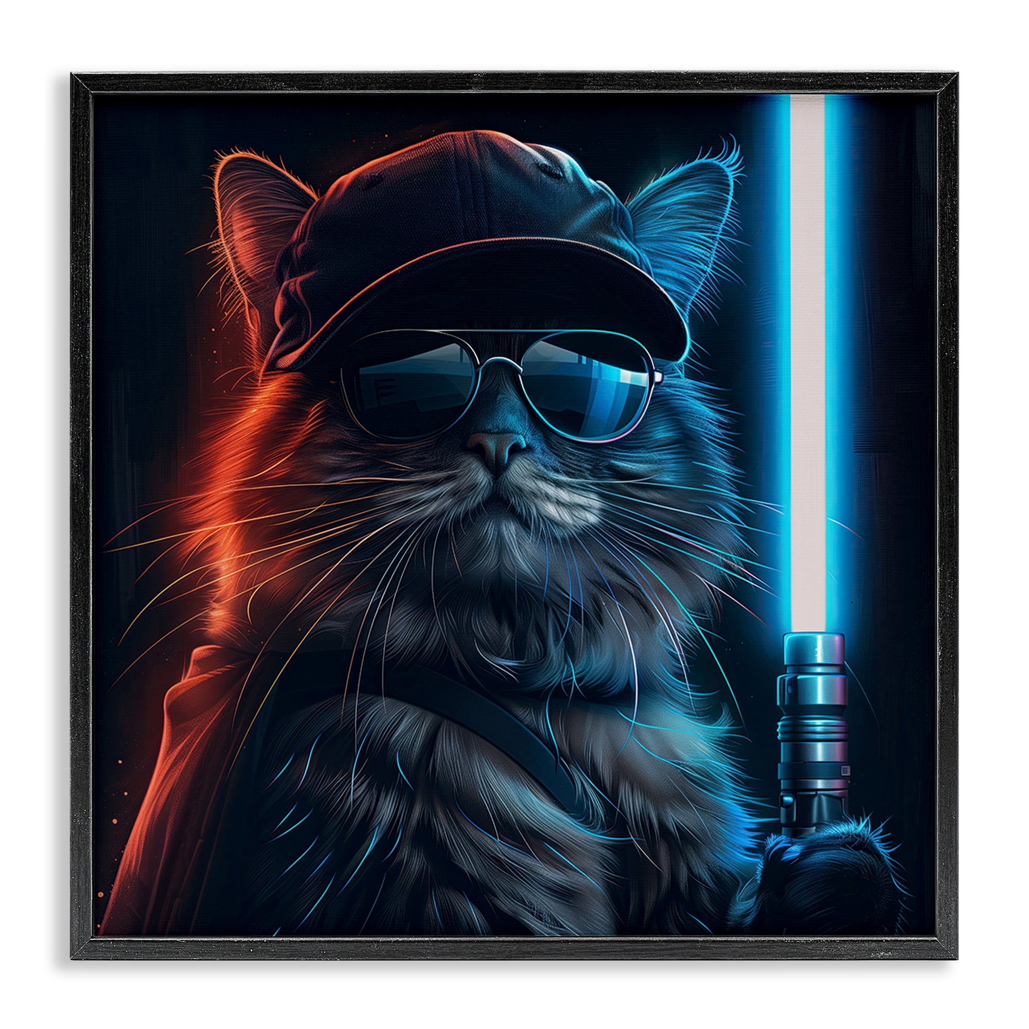 Stupell Industries Sci-Fi Cat with Glowing Saber Fantasy & Sci-Fi Painting Black Framed Art Print Wall Art, 17 x 17