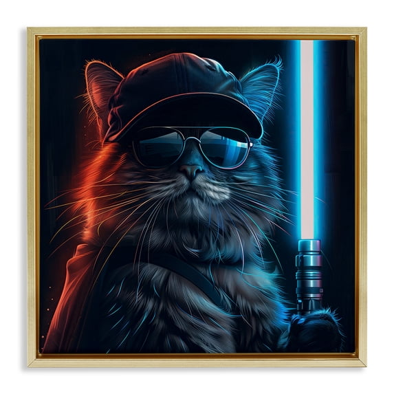 Stupell Industries Sci-Fi Cat with Glowing Saber Fantasy & Sci-Fi Painting Gold Floater Framed Canvas Art Print Wall Art, 18 x 18