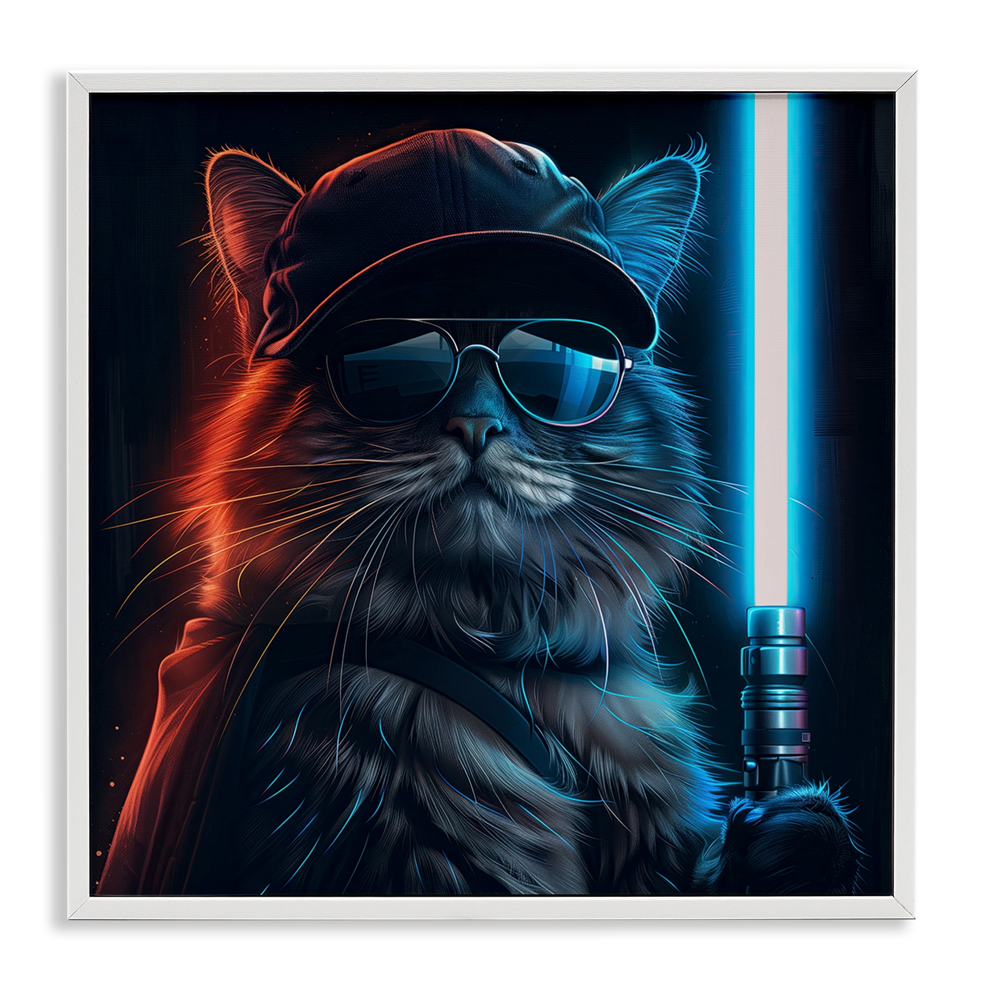 Stupell Industries Sci-Fi Cat with Glowing Saber Fantasy & Sci-Fi Painting White Framed Art Print Wall Art, 12 x 12