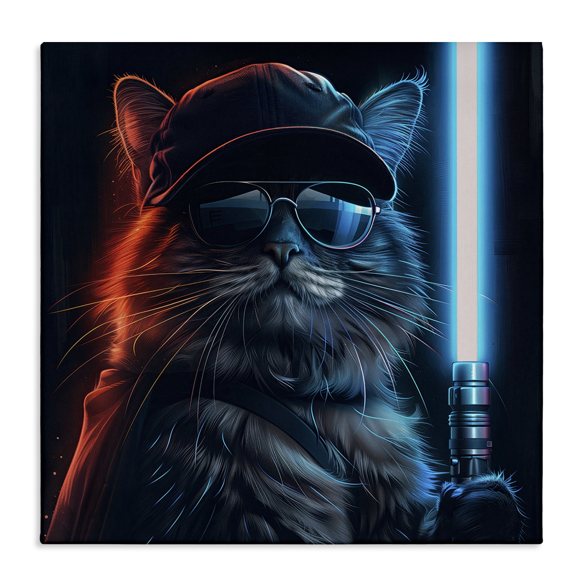 Stupell Industries Sci-Fi Cat with Glowing Saber Fantasy & Sci-Fi Painting Wrapped Canvas Art Print Wall Art, 17 x 17