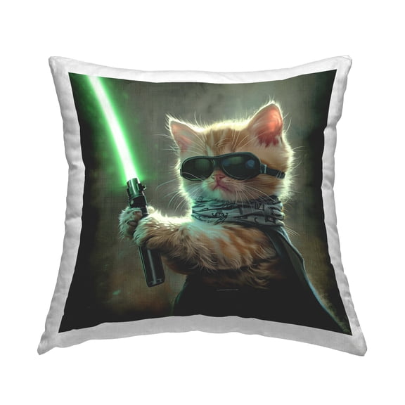 Stupell Industries Sci-Fi Kitten with Saber 18" x 18" Fantasy & Sci-Fi Print Polyester Throw Pillow, Zip Closure 1 Count