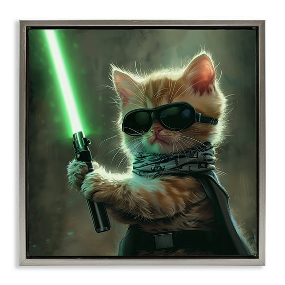 Stupell Industries Sci-Fi Kitten with Saber Fantasy & Sci-Fi Painting Gray Floater Framed Canvas Art Print Wall Art, 25 x 25