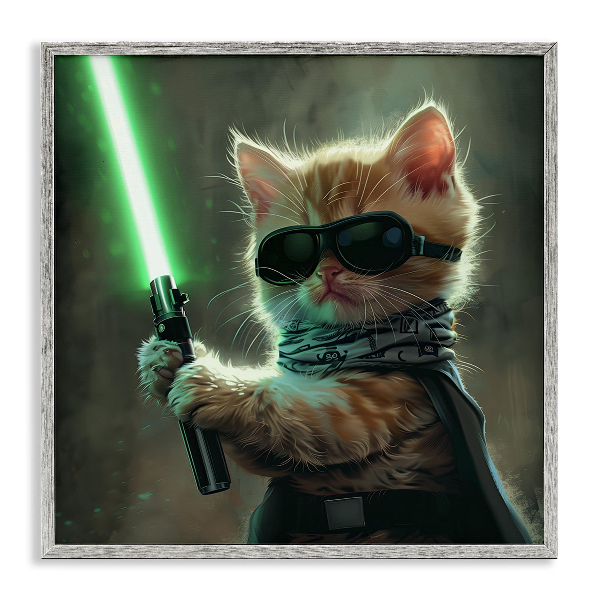 Stupell Industries Sci-Fi Kitten with Saber Fantasy & Sci-Fi Painting Gray Framed Art Print Wall Art, 24 x 24