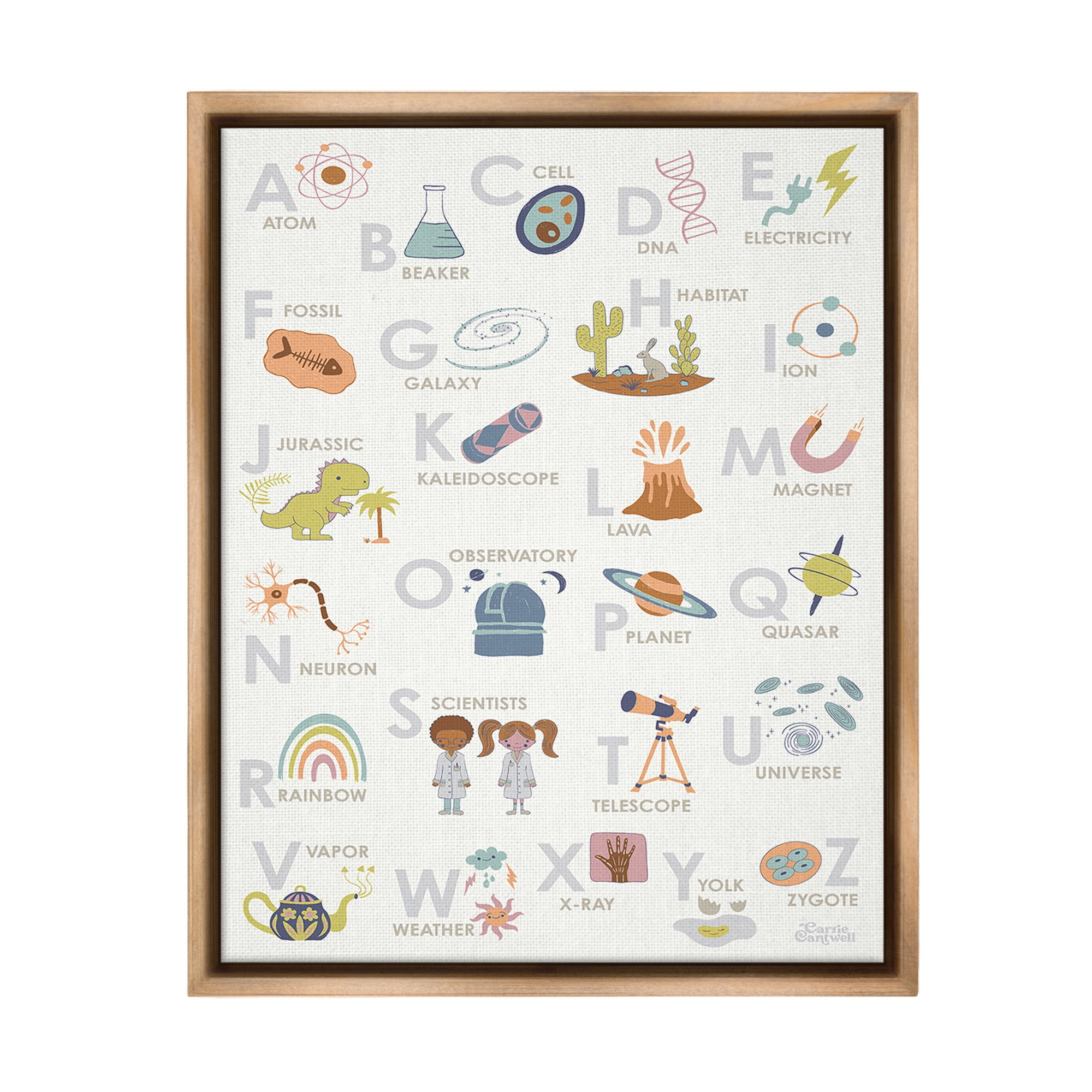 Stupell Industries Science Theme Alphabet Typography Painting Brown Floater Framed Canvas Art Print Wall Art, 17 x 21