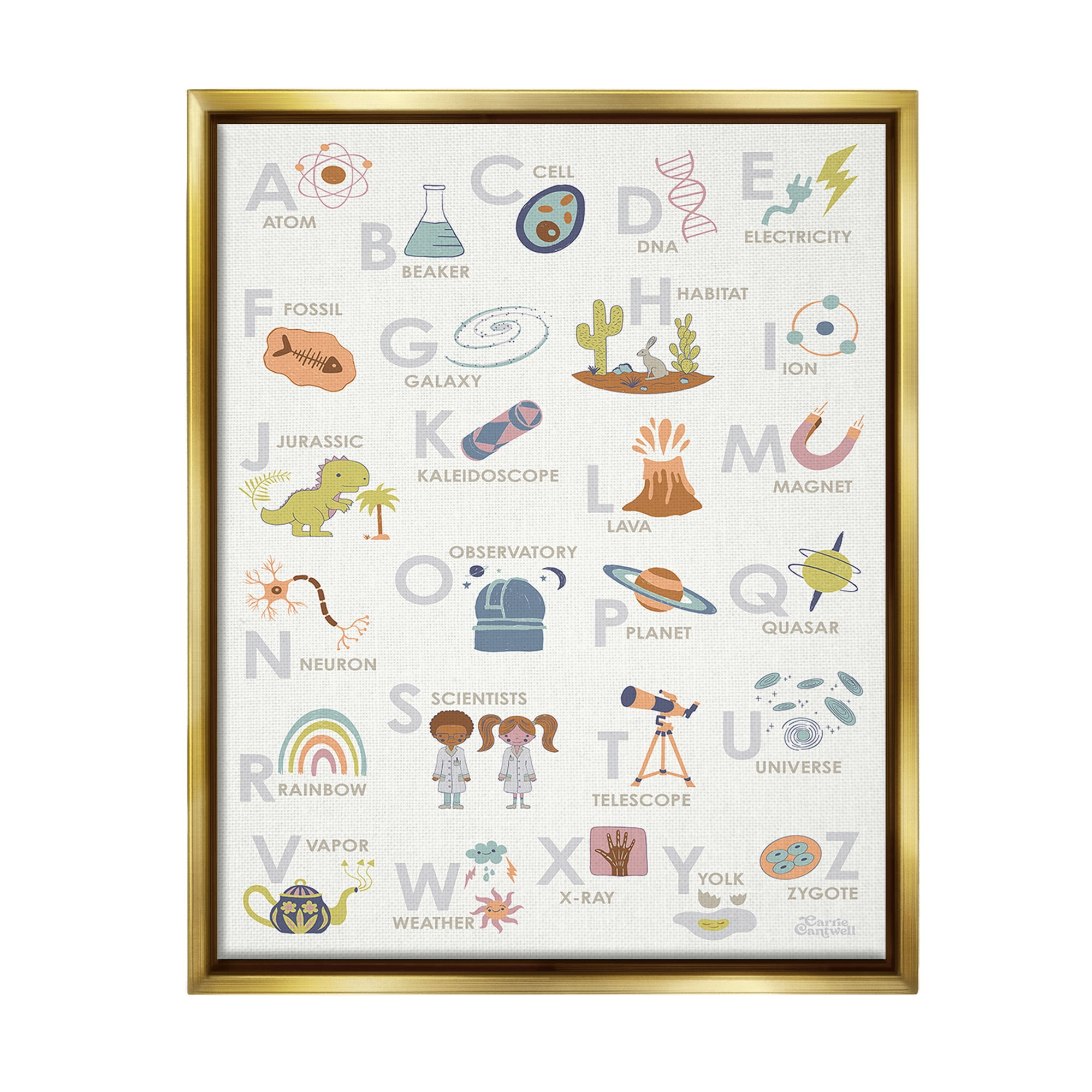 Stupell Industries Science Theme Alphabet Typography Painting Gold Floater Framed Canvas Art Print Wall Art, 25 x 31