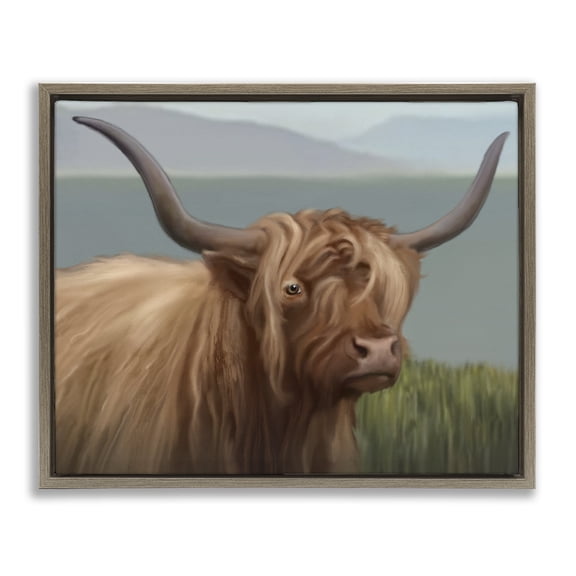 Stupell Industries Scottish Highland Cattle Landscape Brown Framed Floater Canvas Wall Art, design by Matthew Piotrowicz