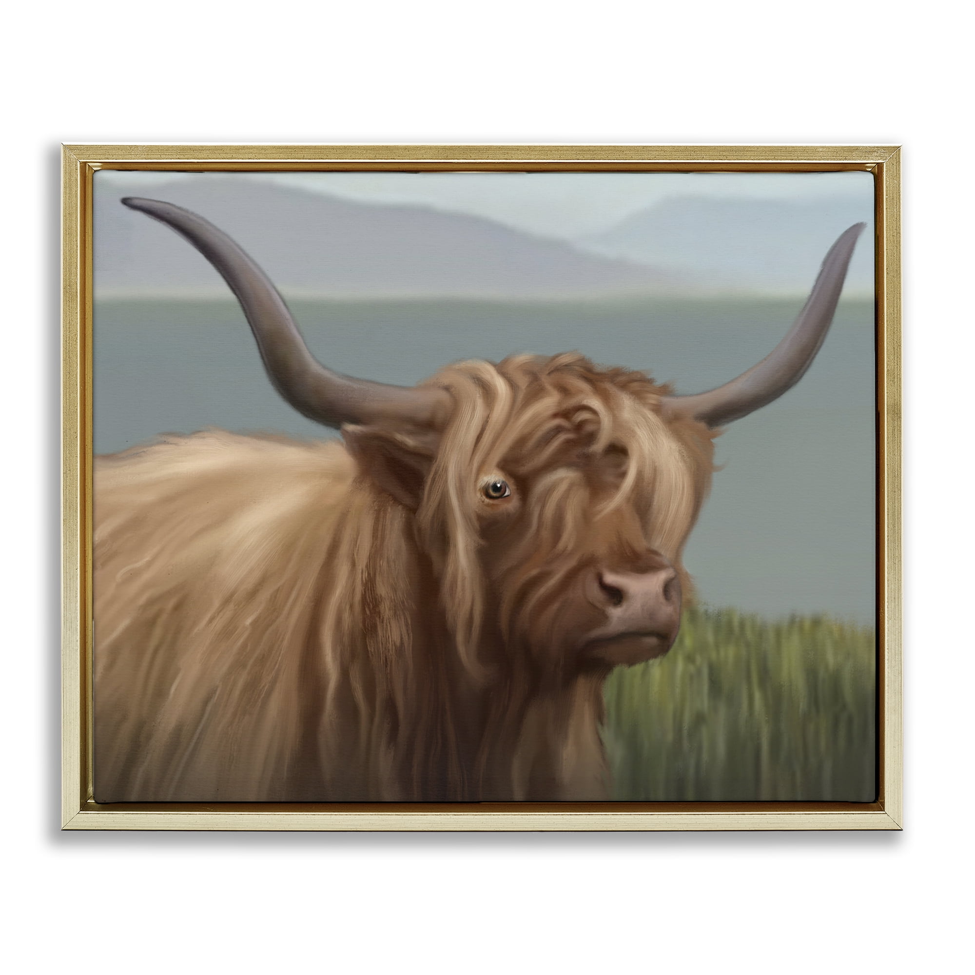Stupell Industries Scottish Highland Cattle Landscape Gold Framed Floater Canvas Wall Art, design by Matthew Piotrowicz