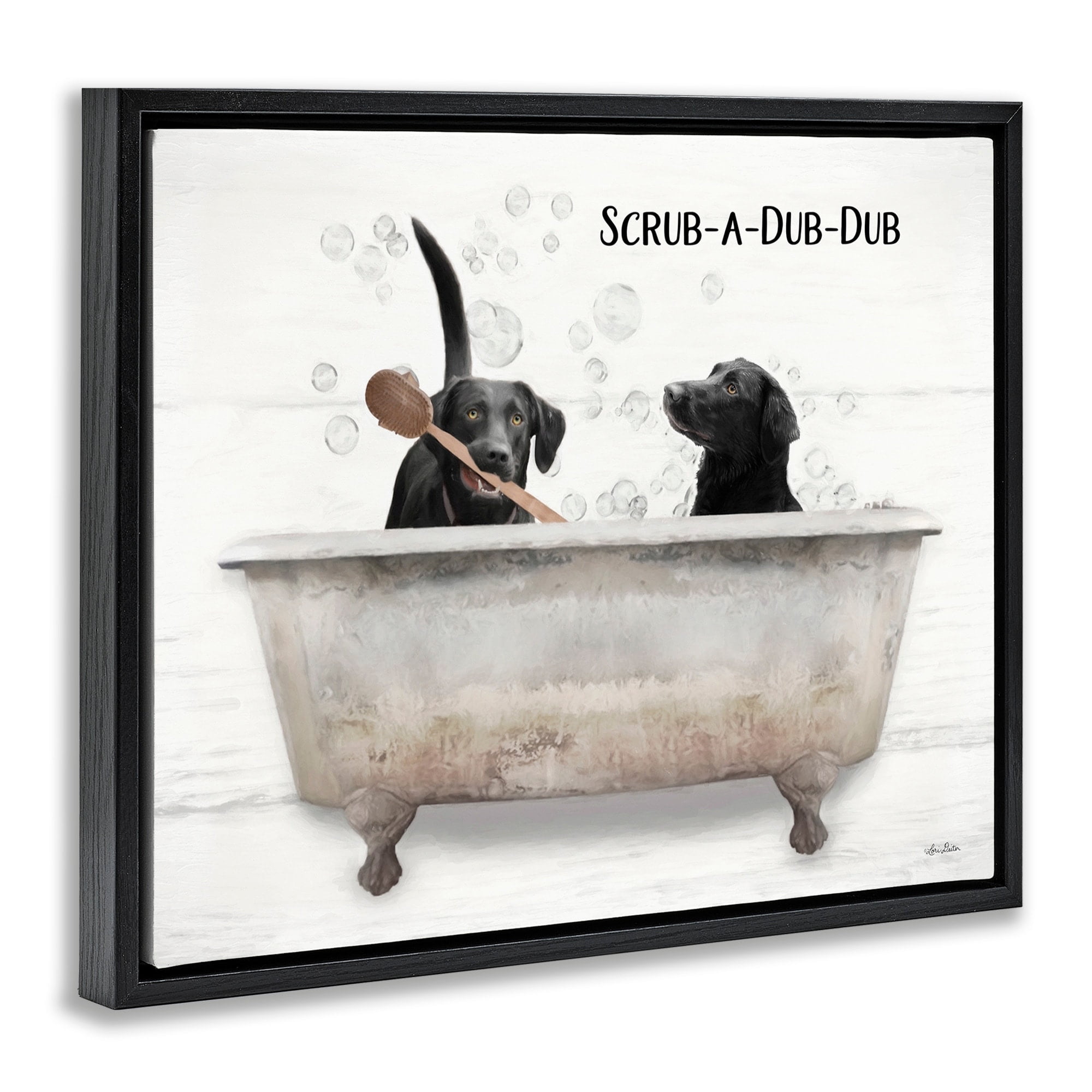Stupell Industries Scrub a Dub Dub Quote Family Pet Dog Bath Jet Black Framed Floating Canvas Wall Art, 24x30, by Lori Deiter